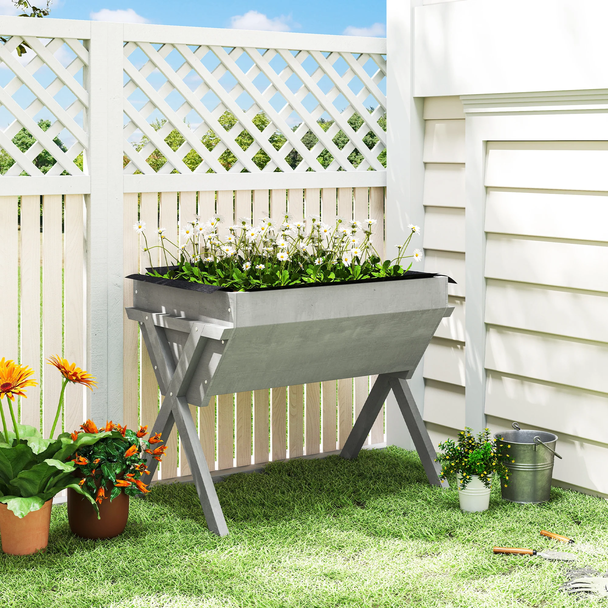 Outsunny Wooden Planter Raised Bed Stand Vegetable Flower Bed, Light Grey - Image 2