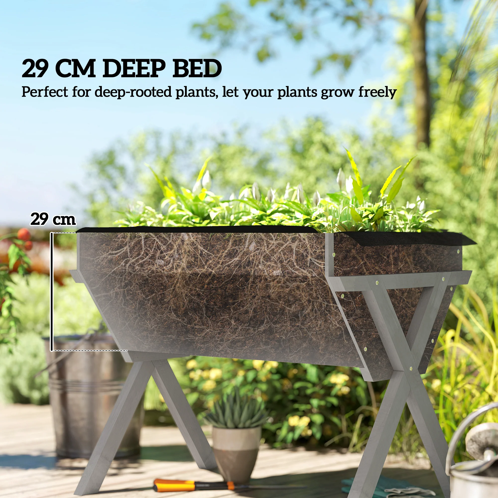 Outsunny Wooden Planter Raised Bed Stand Vegetable Flower Bed, Light Grey - Image 4