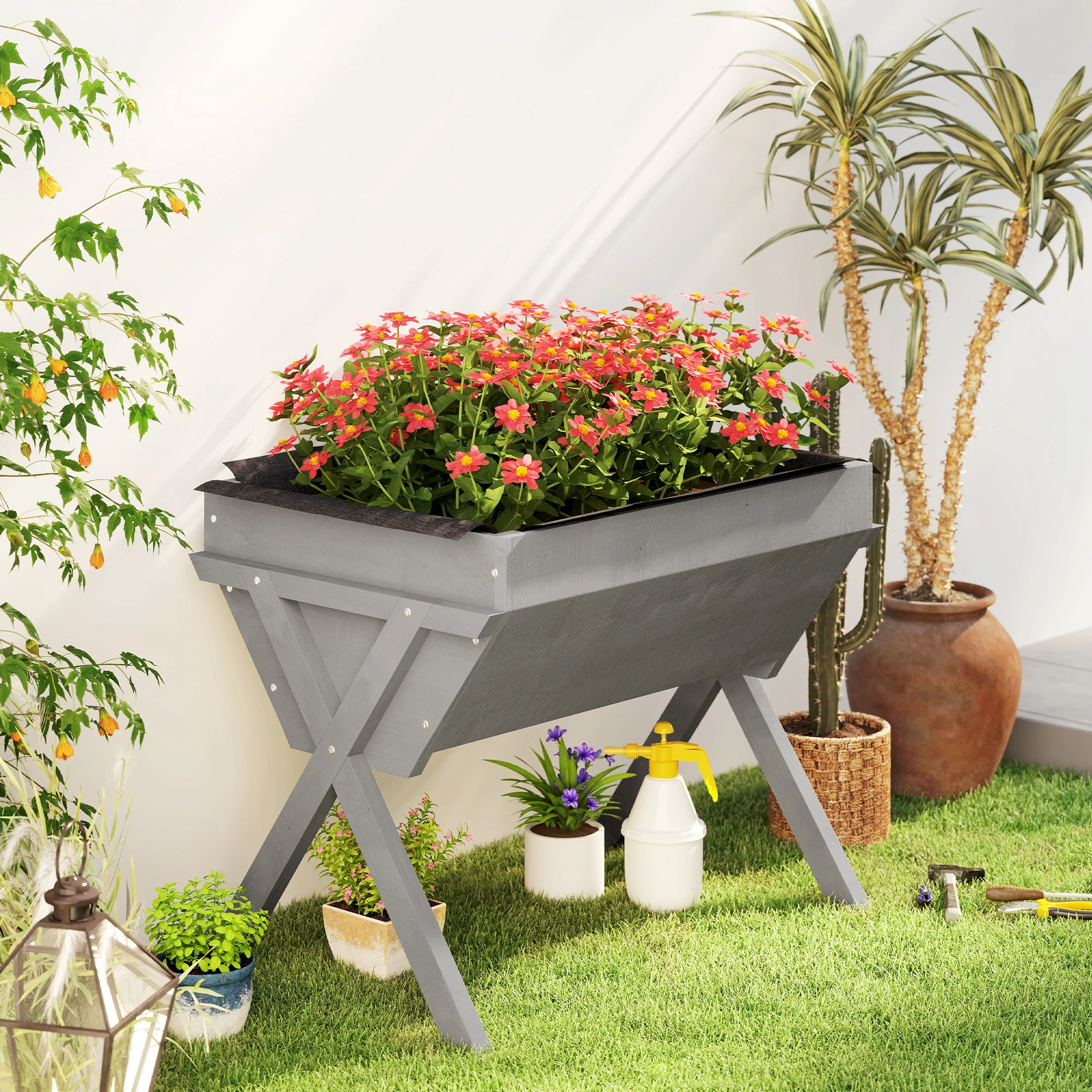 Outsunny Wooden Planter Raised Bed Stand Vegetable Flower Bed, Light Grey - Image 8