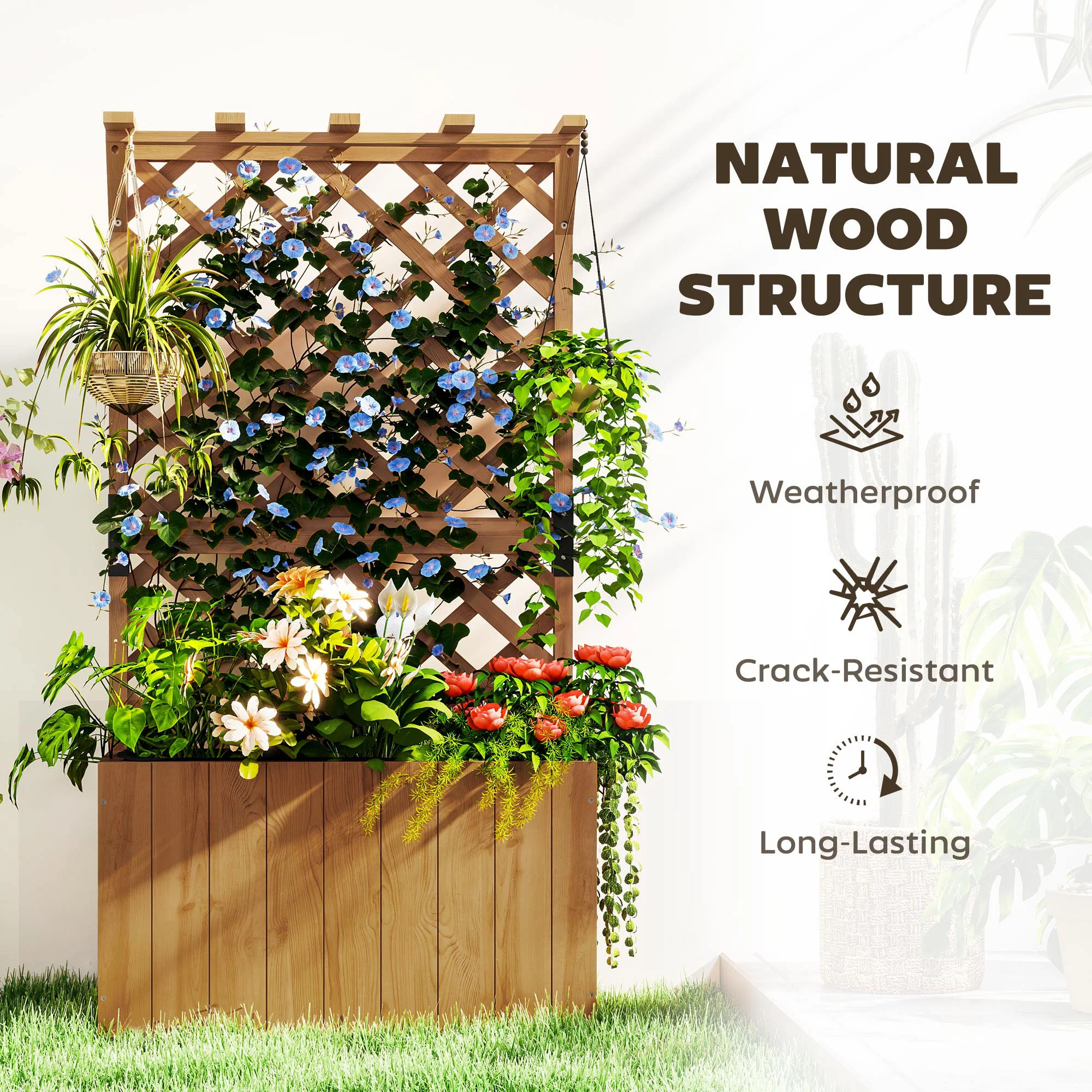 Outsunny Wooden Planter with Trellis and Drainage Holes - Image 6