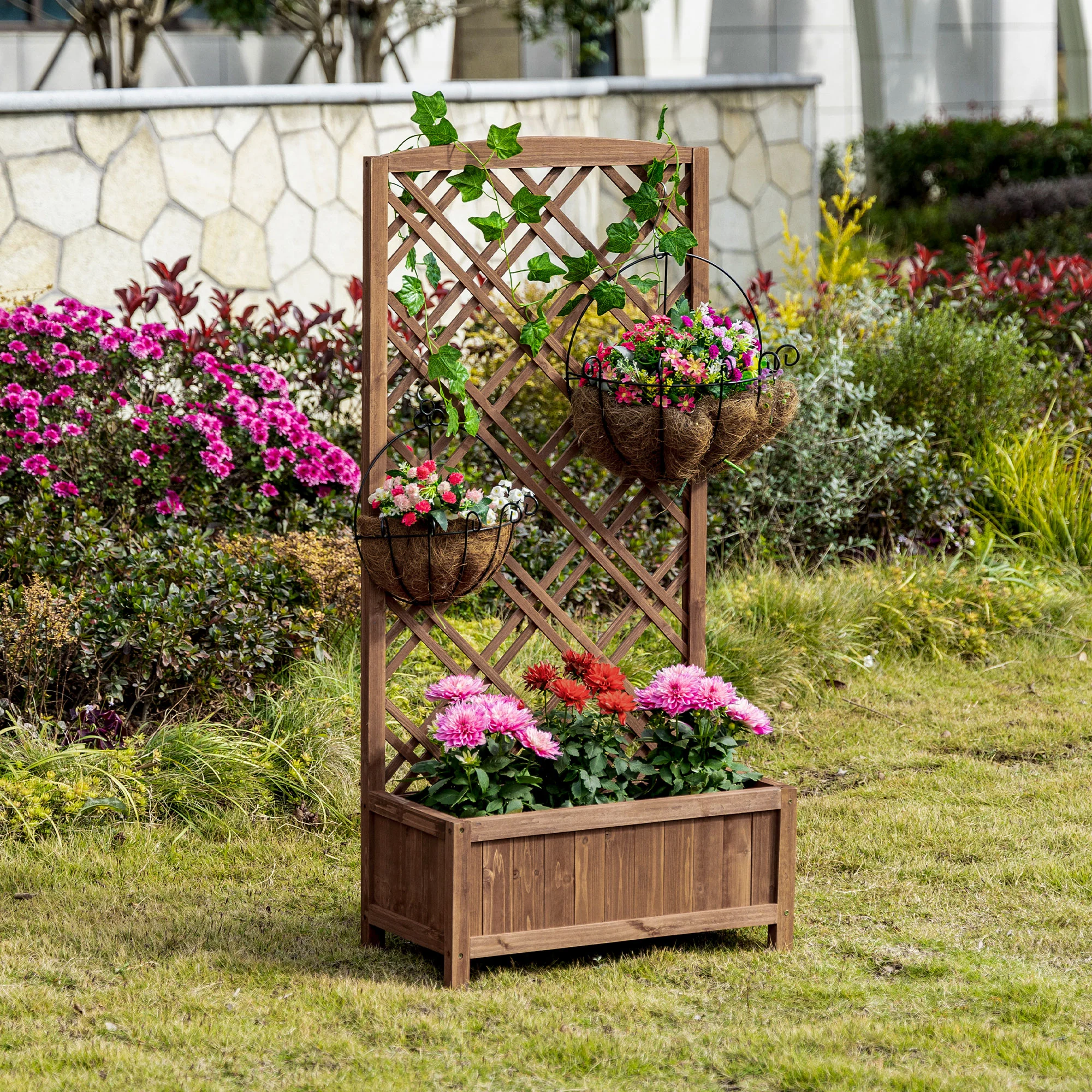 Outsunny Wooden Planter with Trellis, Raised Bed for Garden, Brown - Image 2
