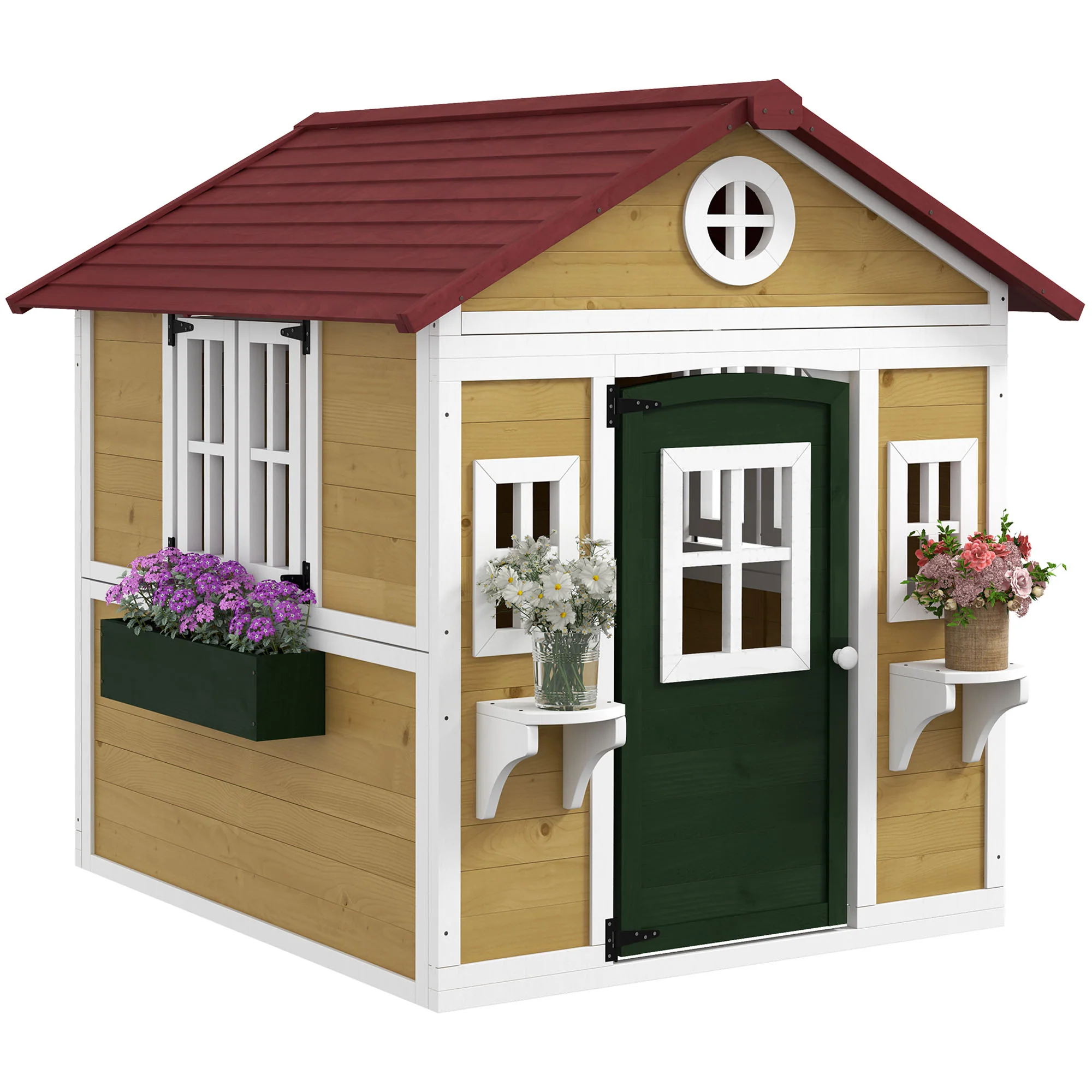 Outsunny Wooden Playhouse with Doors, Wooden, Plant Pots for Kids - Beige