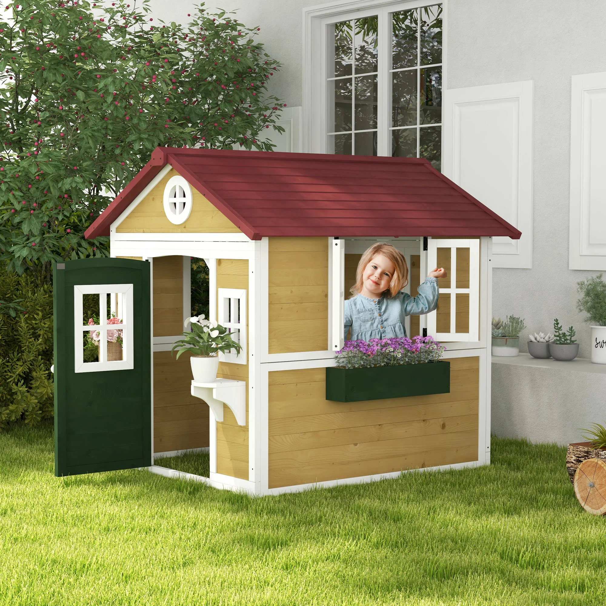 Outsunny Wooden Playhouse with Doors, Wooden, Plant Pots for Kids - Beige - Image 2