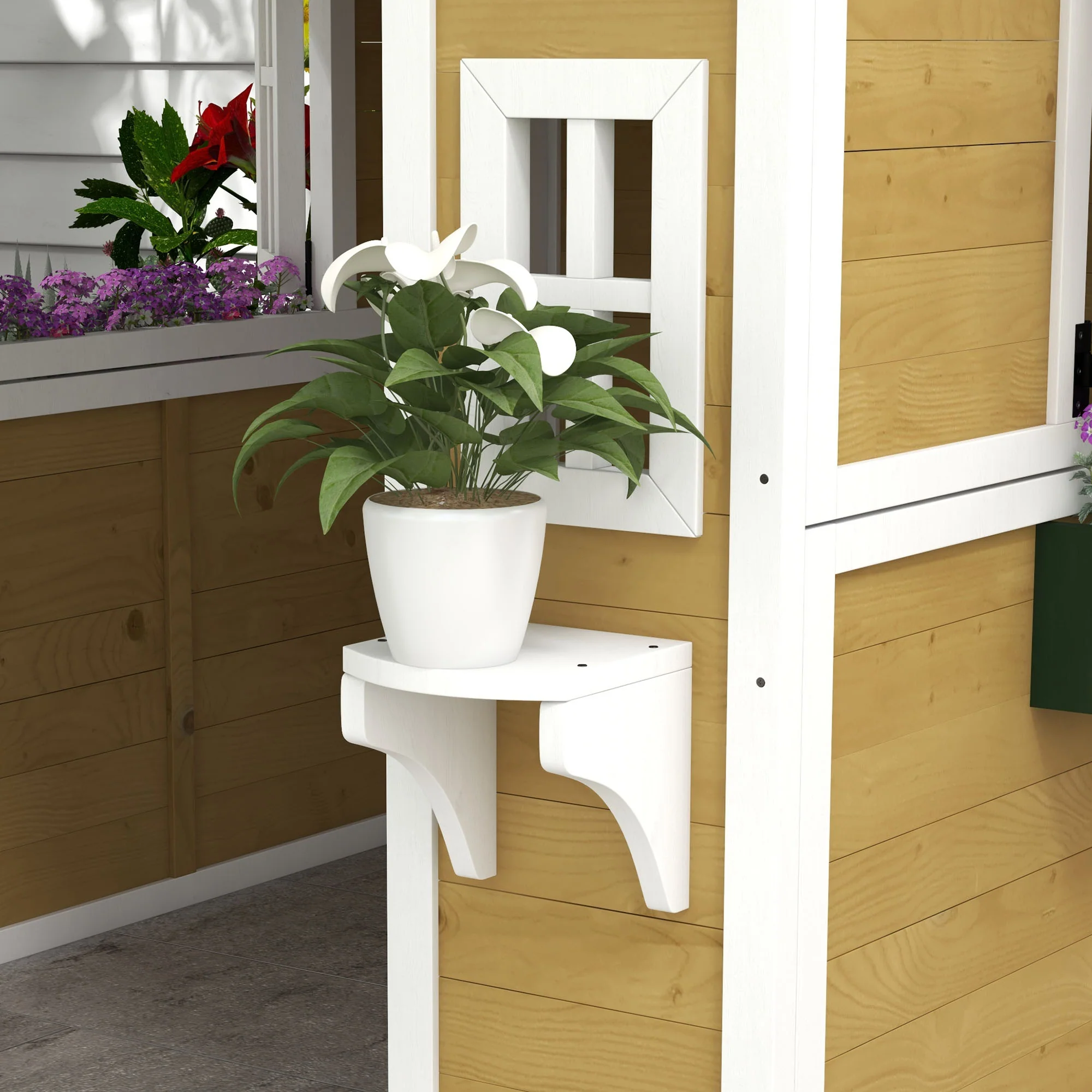 Outsunny Wooden Playhouse with Doors, Wooden, Plant Pots for Kids - Beige - Image 9