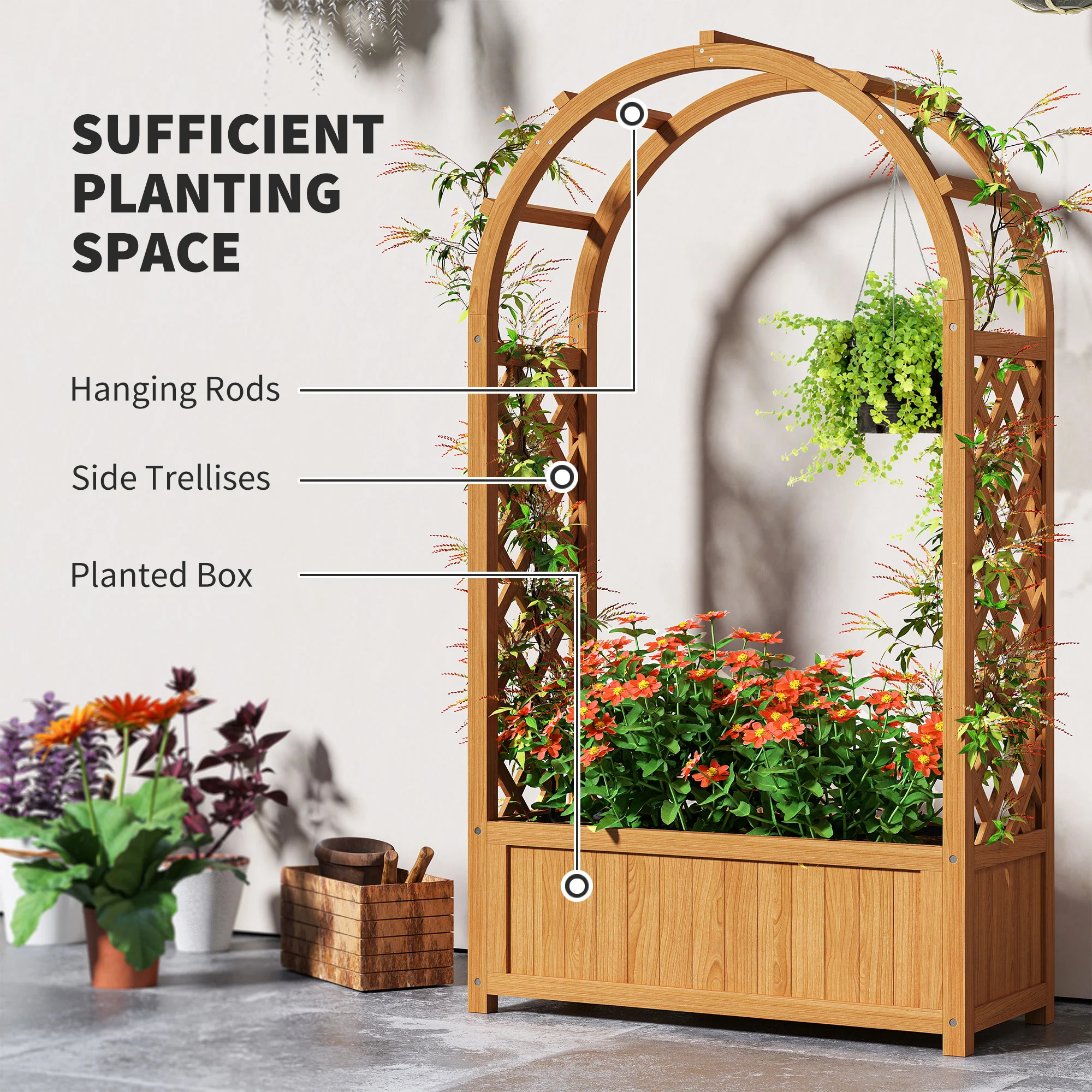 Outsunny Wooden Raised Garden Bed, Trellis Planter W/ Trellis, Fabric Liner - Image 3