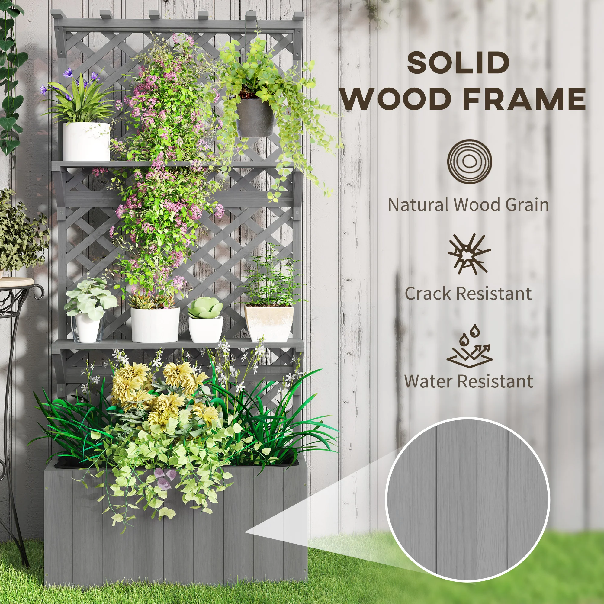 Outsunny Wooden Raised Planter with Trellis and 2 Shelves, Grey - Image 7