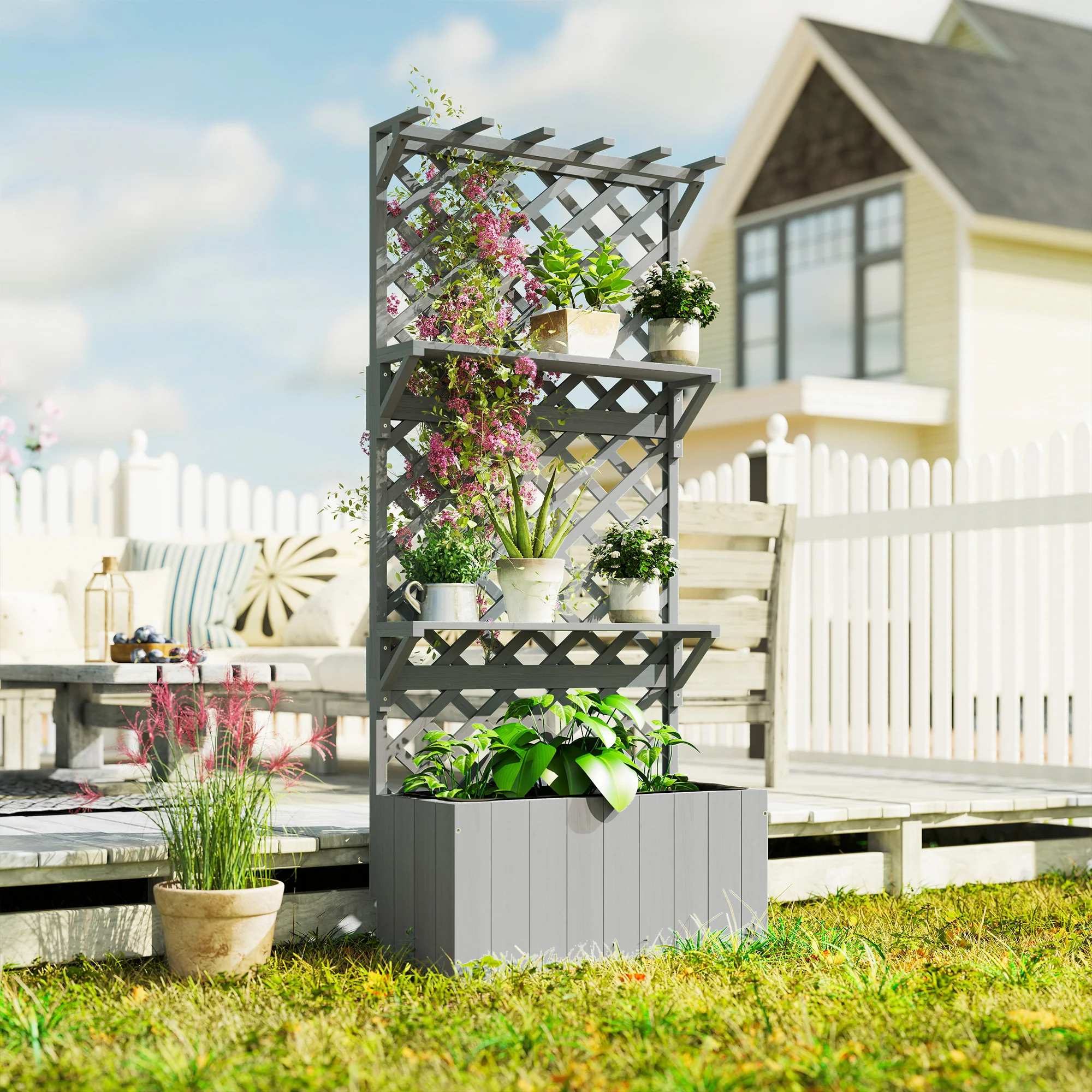 Outsunny Wooden Raised Planter with Trellis and 2 Shelves, Grey - Image 8