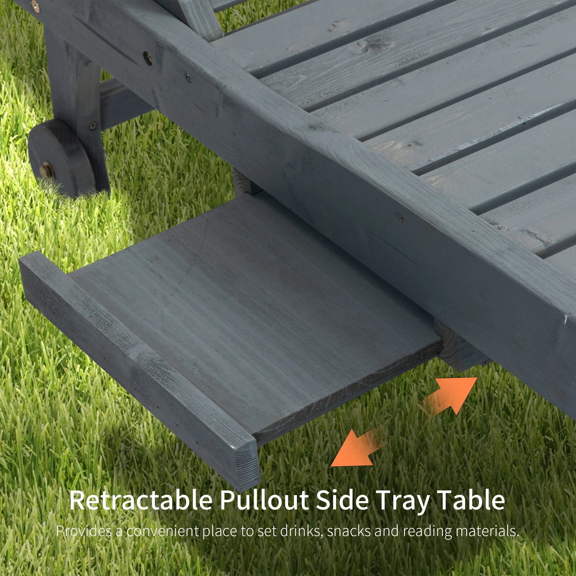 Outsunny Wooden Sun Lounger Outdoor Patio Sun Bed w/ Pull-out Table Grey - Image 3