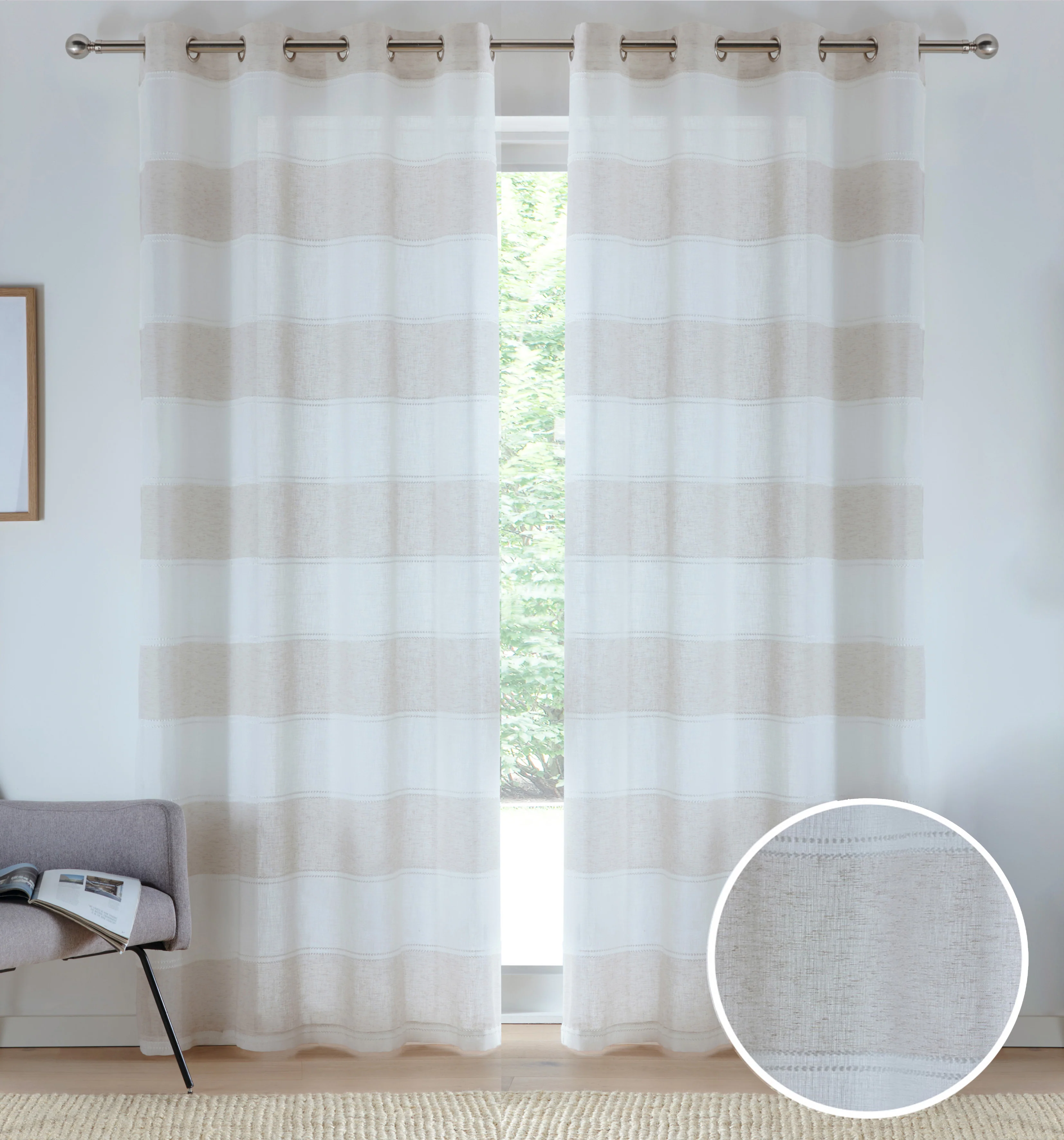 Pair of Santorini Natural Cream/Beige Linen Look Stripe Panels with Eyelet Header