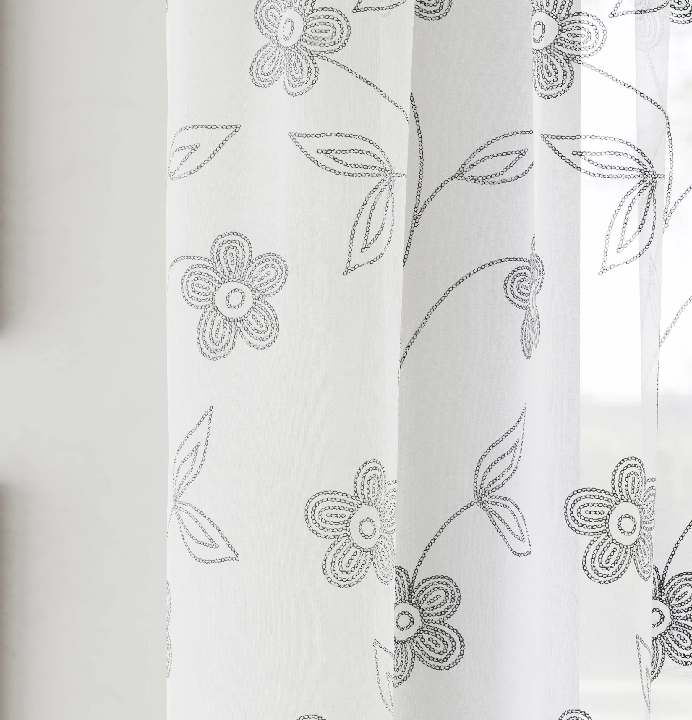 Pair of Sienna Grey Floral Paste Print Patterned Voile Panels with Rod Pocket Header - Image 3