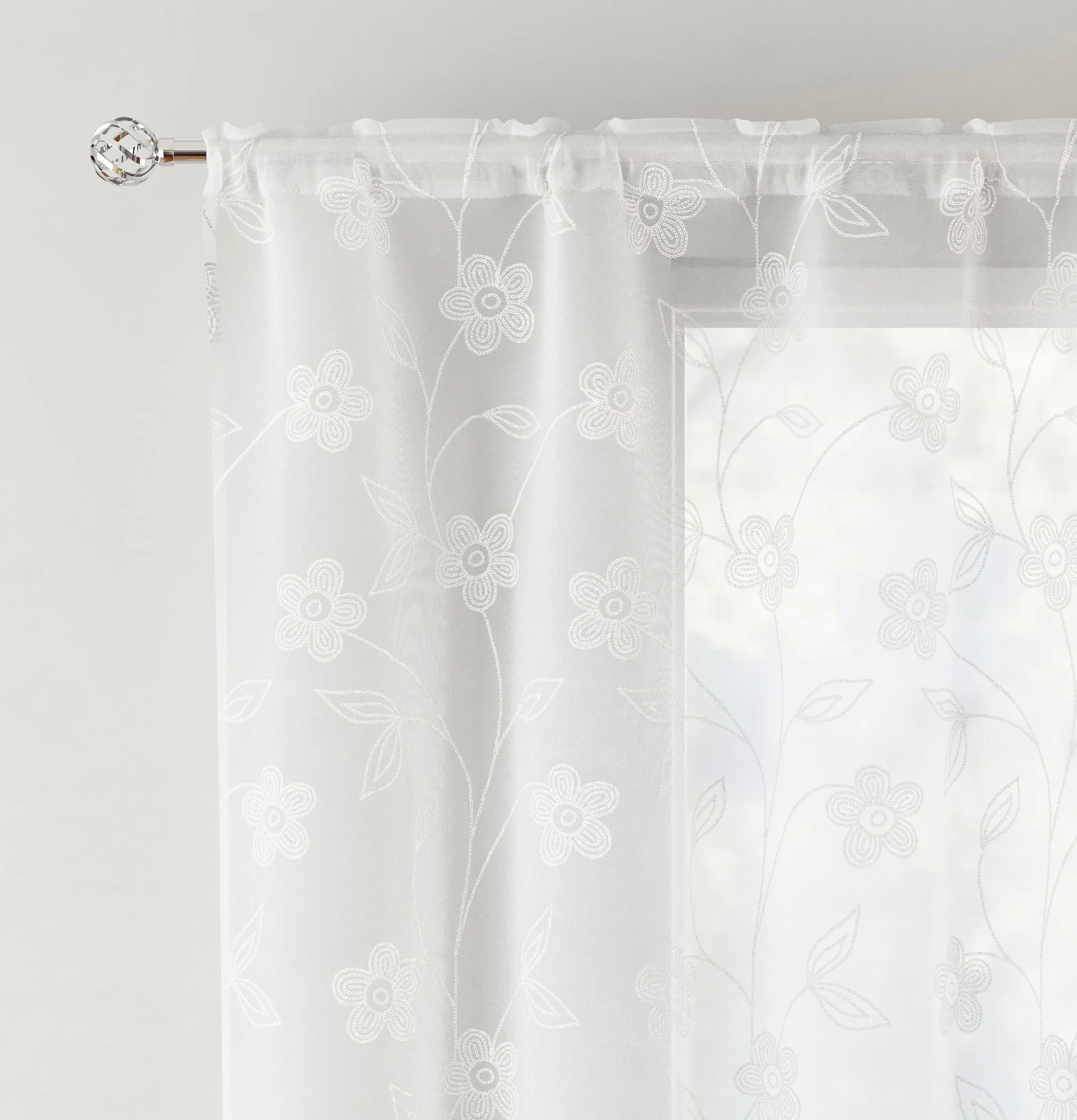 Pair of Sienna White Floral Paste Print Patterned Voile Panels with Rod Pocket Header - Image 2