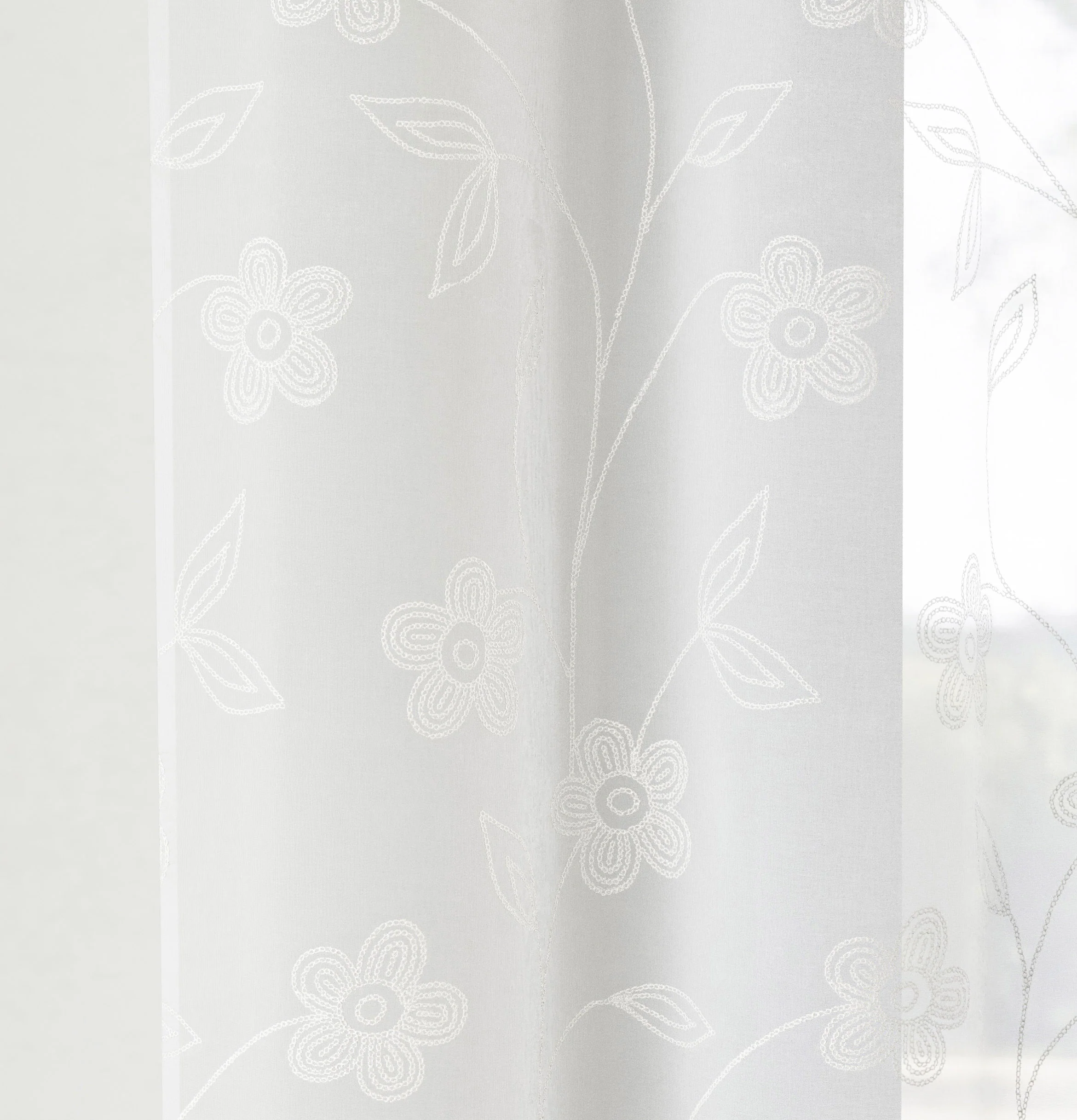 Pair of Sienna White Floral Paste Print Patterned Voile Panels with Rod Pocket Header - Image 3