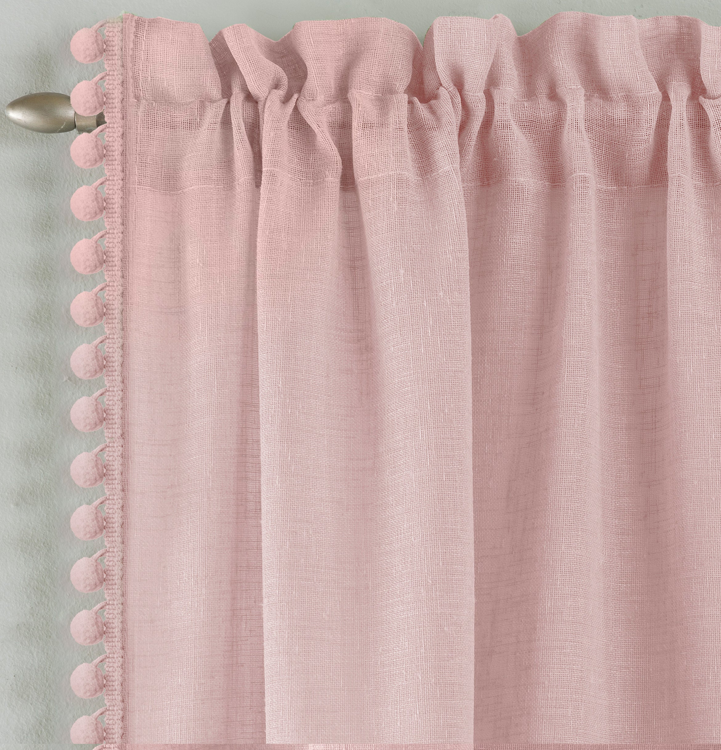 Pair Of Tahiti Blush Pom-Pom Trim Linen Look Voile Panels With Rod Pocket Header 137 CMS - Image 2