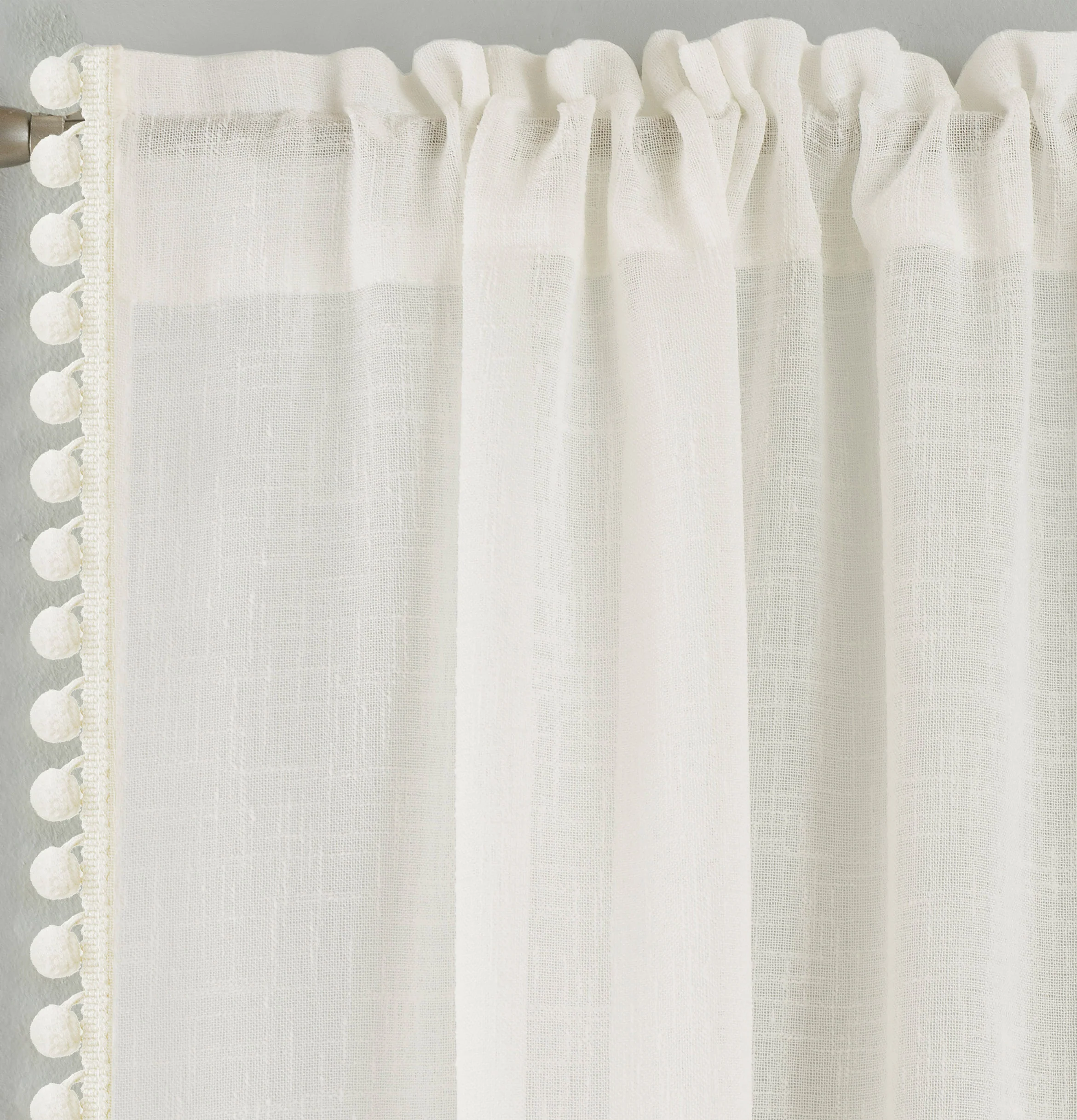 Pair Of Tahiti Cream Pom-Pom Trim Linen Look Voile Panels With Rod Pocket Header - Image 2