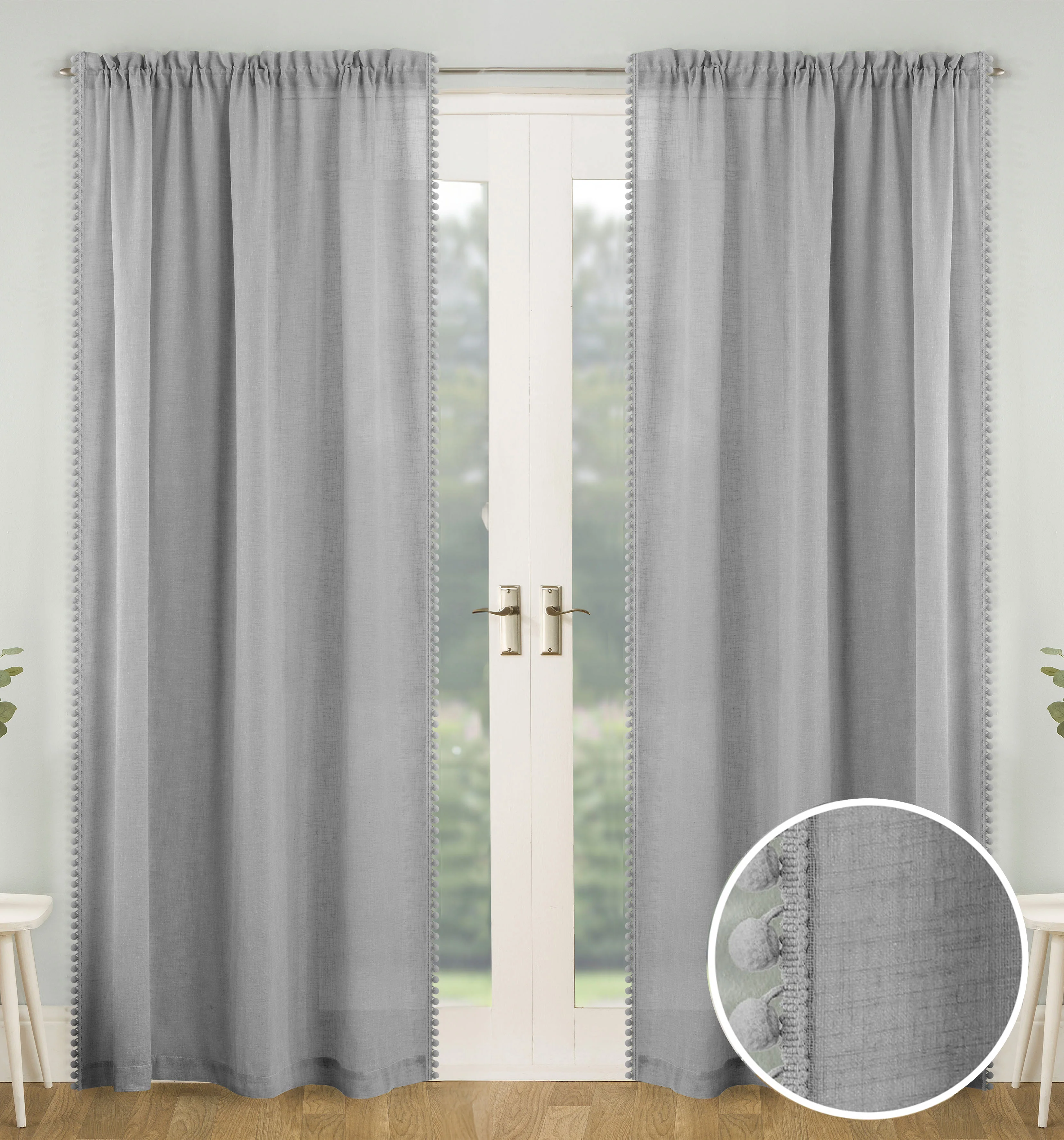 Pair Of Tahiti Grey Pom-Pom Trim Linen Look Voile Panels With Rod Pocket Header