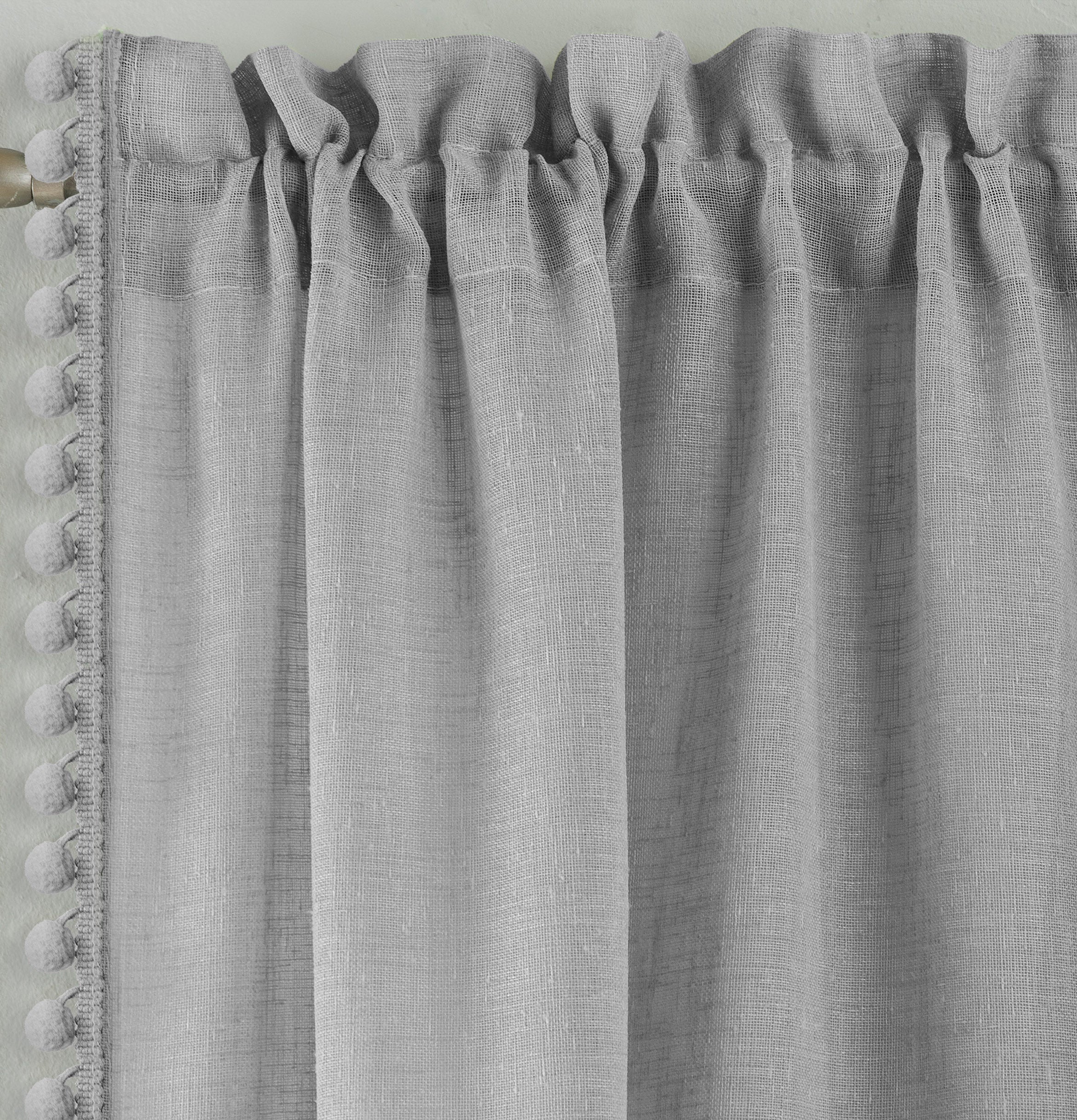 Pair Of Tahiti Grey Pom-Pom Trim Linen Look Voile Panels With Rod Pocket Header - Image 2