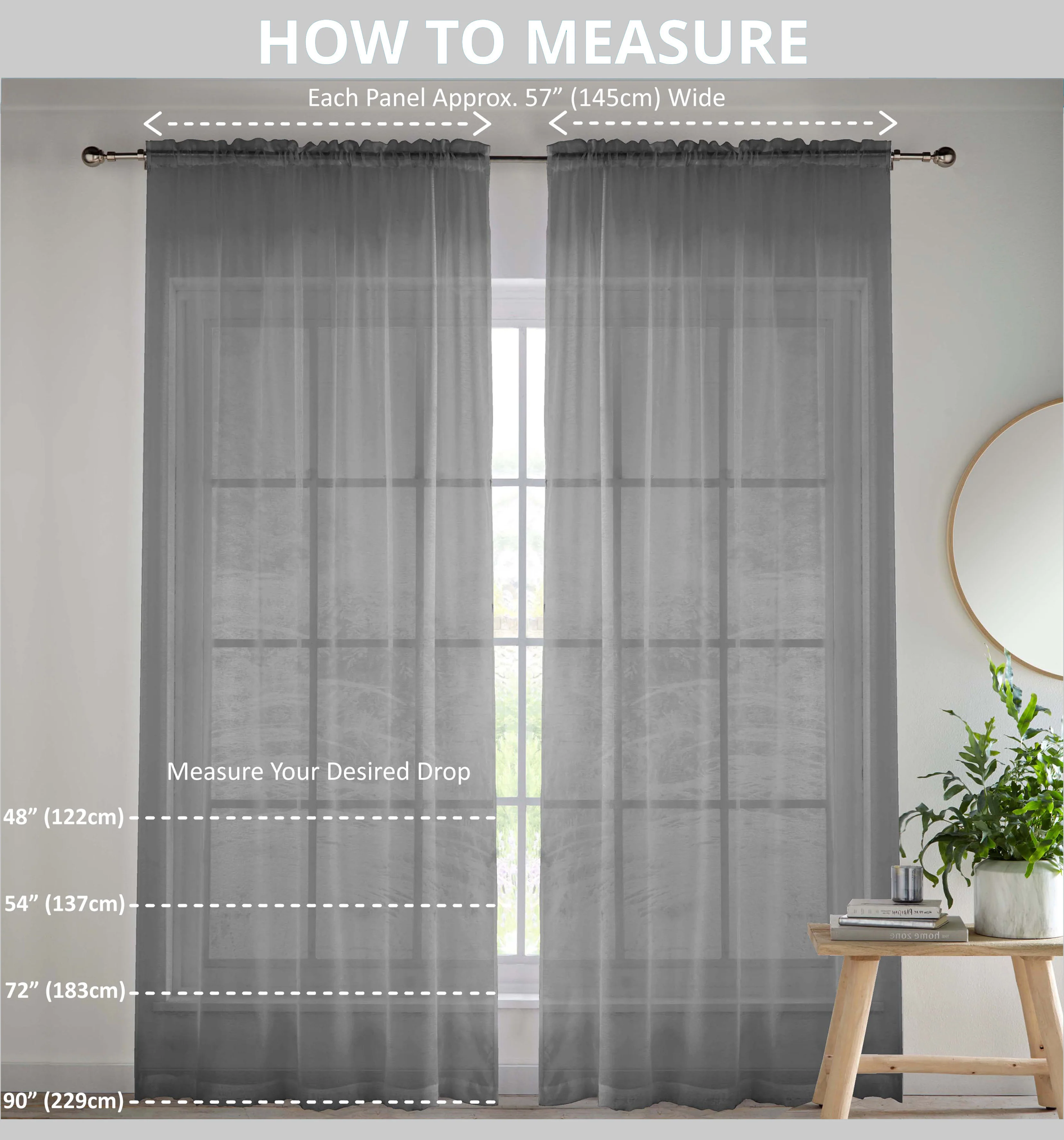 Pair Of Tahiti Grey Pom-Pom Trim Linen Look Voile Panels With Rod Pocket Header - Image 4