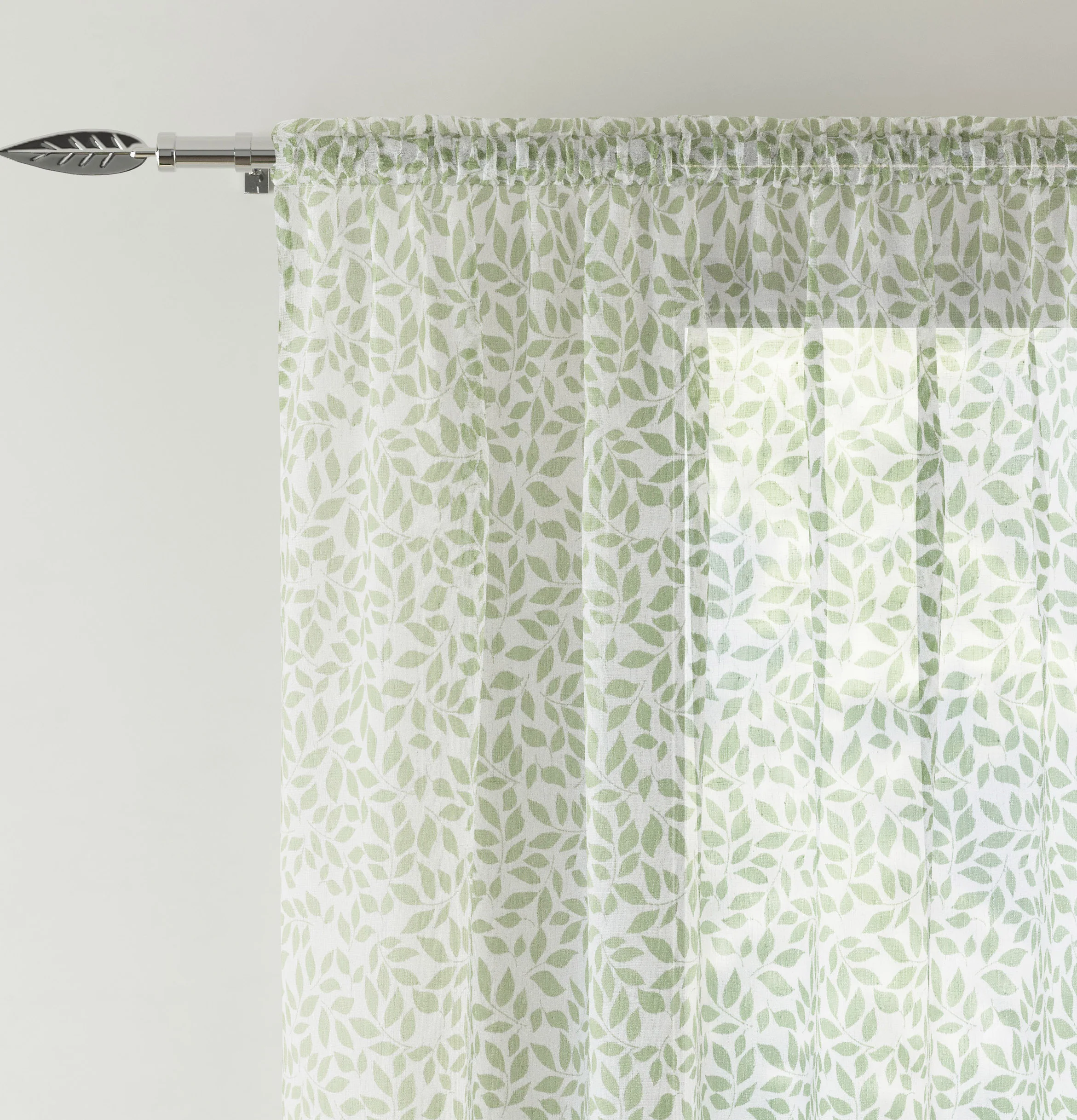 Pair of Willow Green Leaf Print on Linen Look Panels, with Rod Pocket Header - Image 2