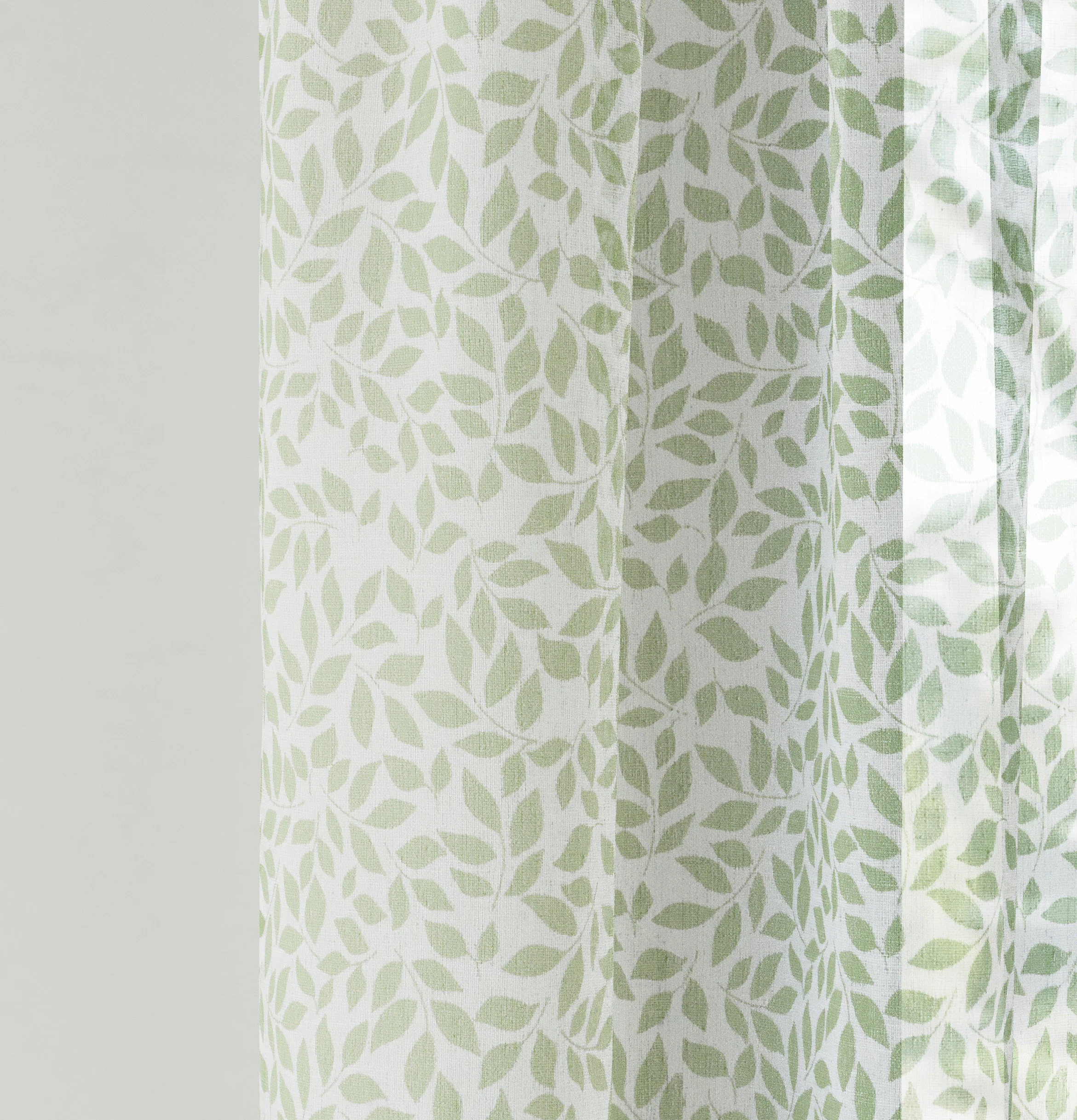 Pair of Willow Green Leaf Print on Linen Look Panels, with Rod Pocket Header - Image 3