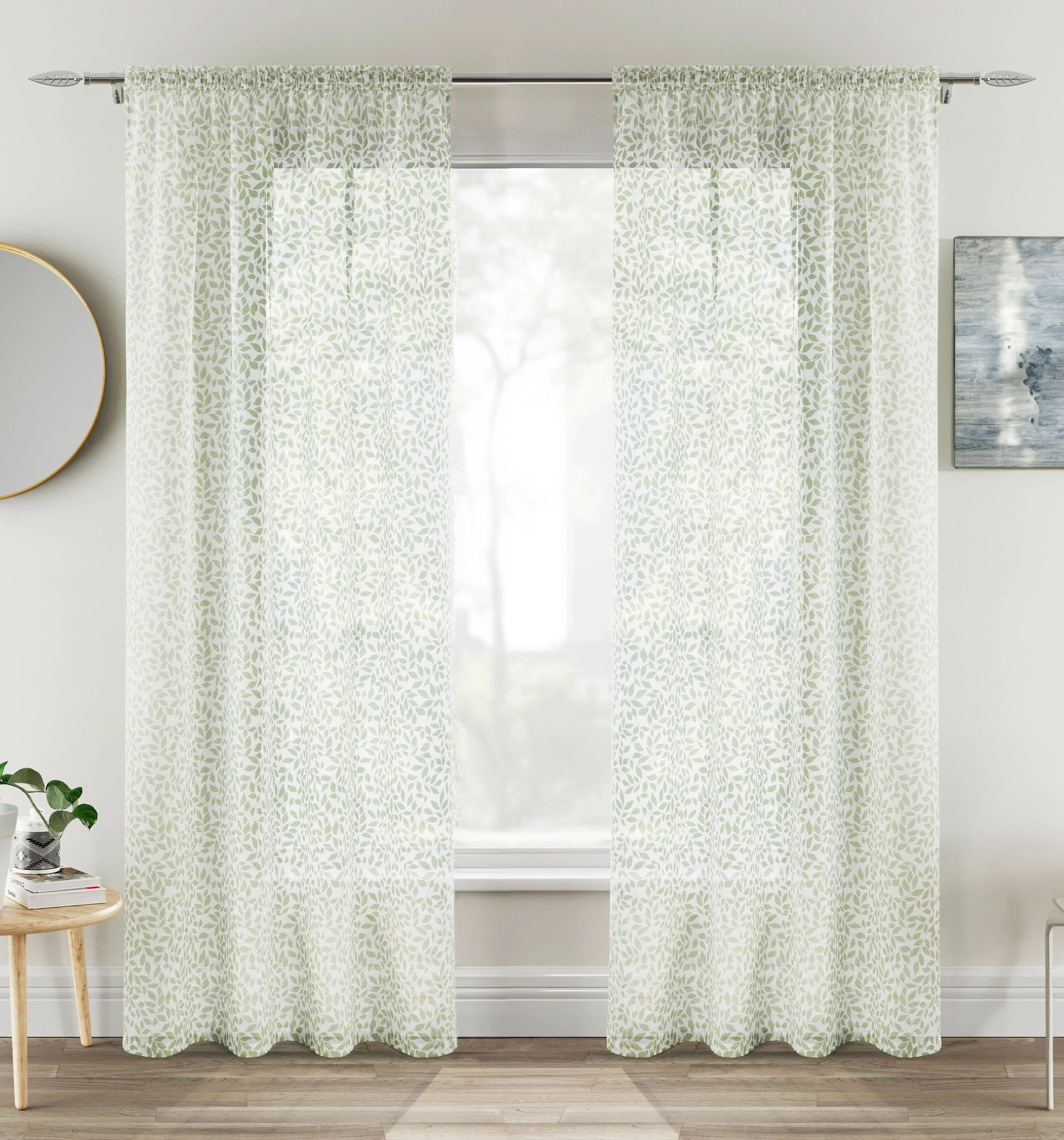 Pair of Willow Green Leaf Print on Linen Look Panels, with Rod Pocket Header - Image 5