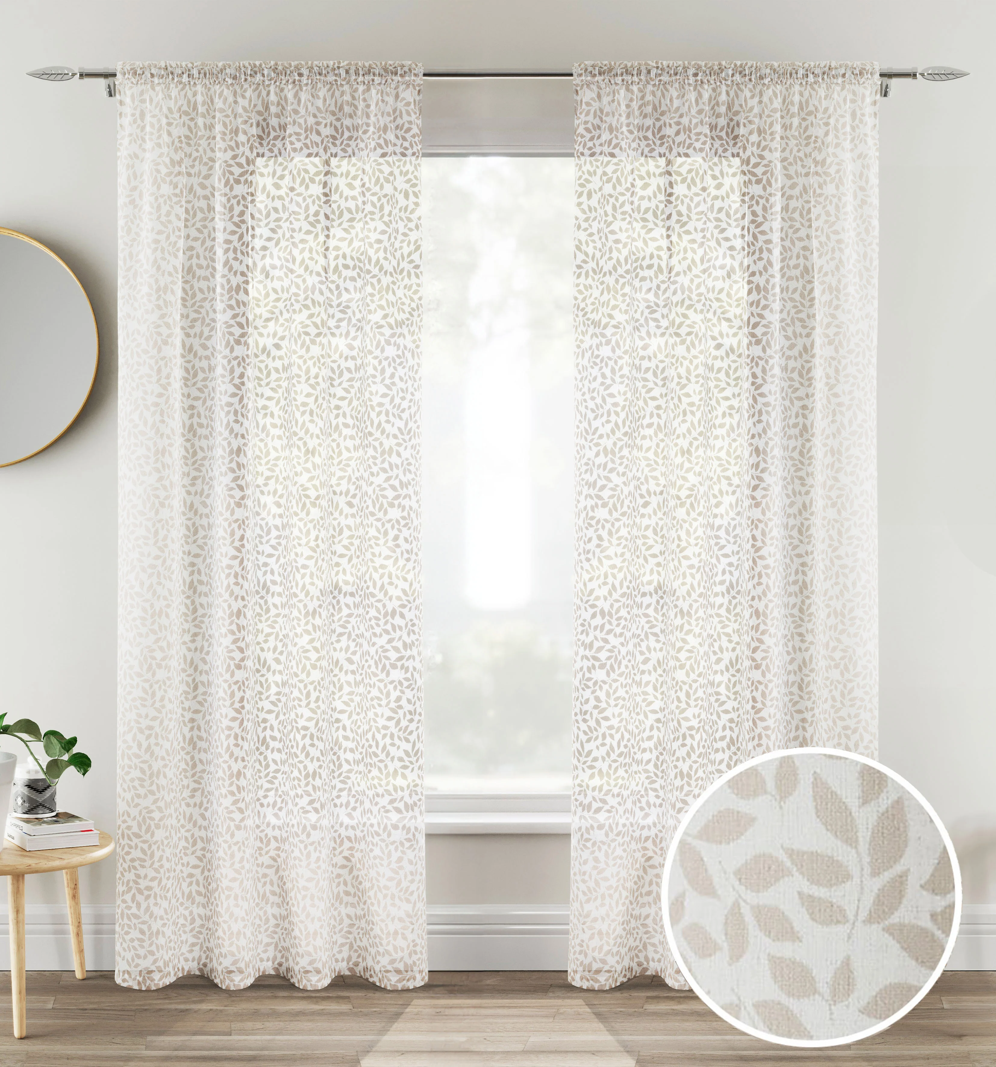 Pair of Willow Natural Leaf Print on Linen Look Panels, with Rod Pocket Header