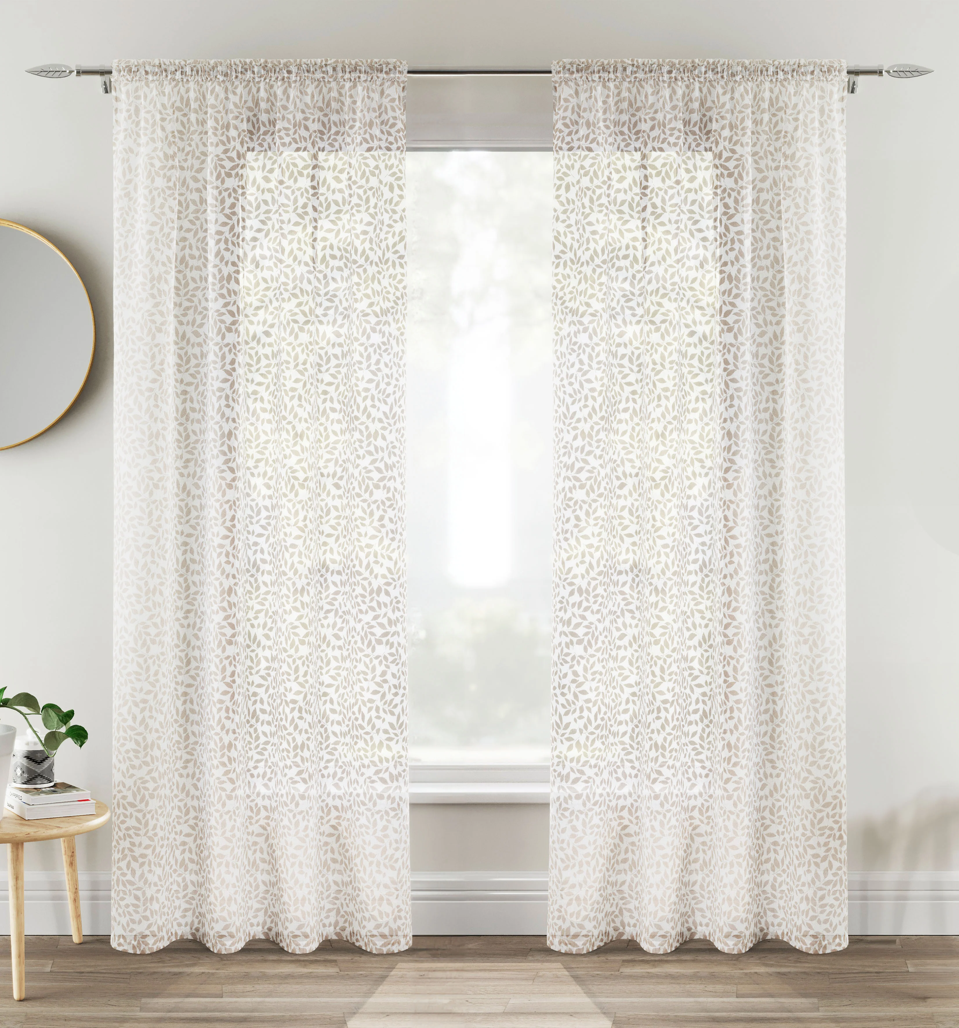 Pair of Willow Natural Leaf Print on Linen Look Panels, with Rod Pocket Header - Image 5