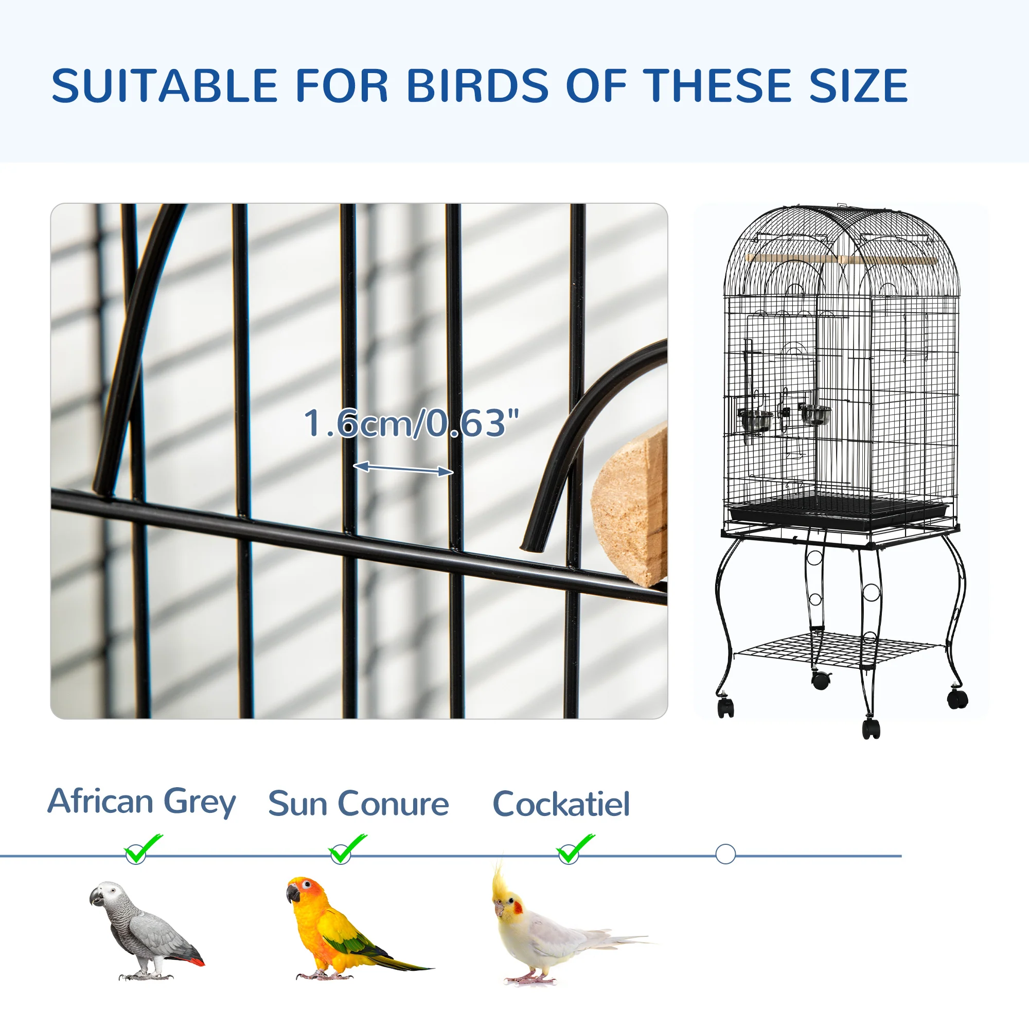 PawHut 1.53(m) Bird Cage, Parrot Finch Macaw Conure w/ Perch, Wheels, Stand - Image 5