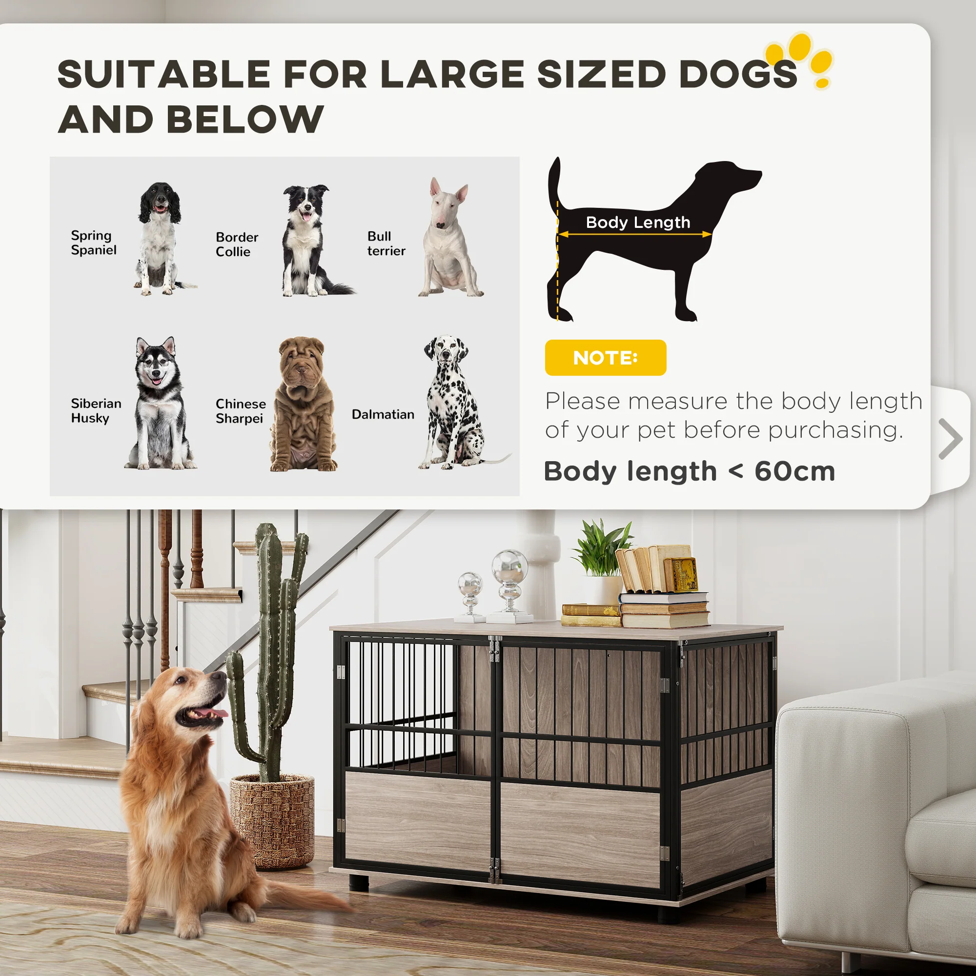 PawHut 100cm Dog Crate Furniture Dog Cage End Table Indoor w/ Doors, Cushion - Image 3