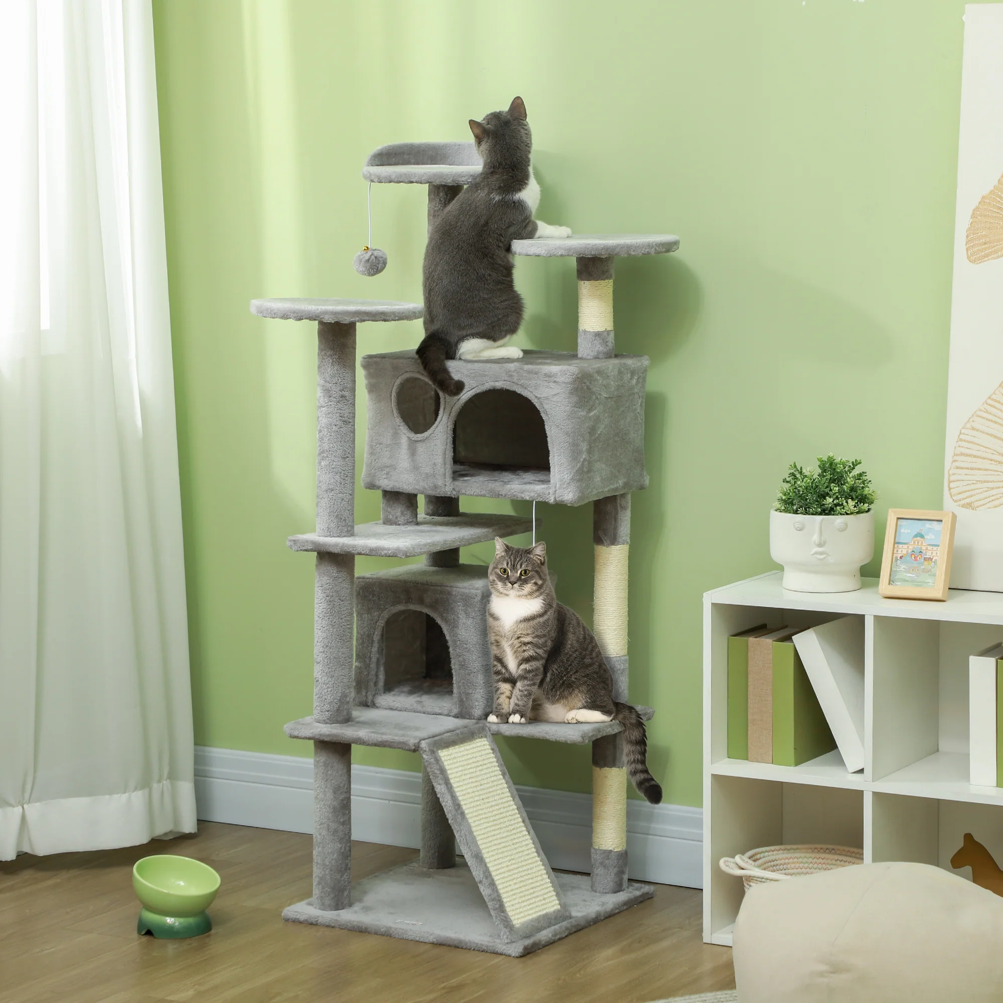 PawHut 138cm Cat Tree With Scratching Posts And Pad, Bed, Condos, Light Grey - Image 2