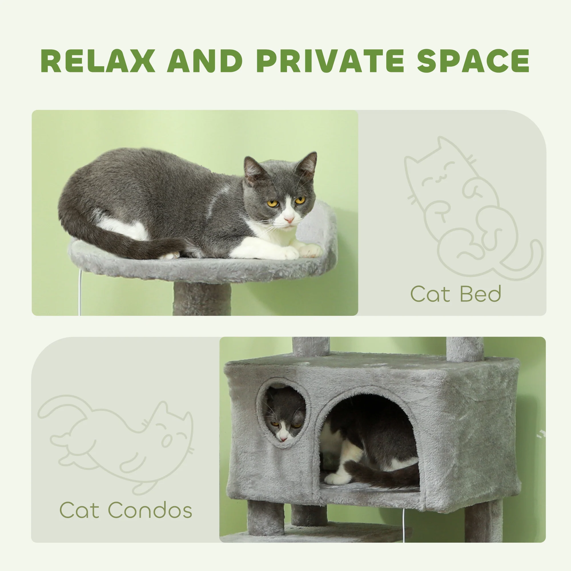 PawHut 138cm Cat Tree With Scratching Posts And Pad, Bed, Condos, Light Grey - Image 4