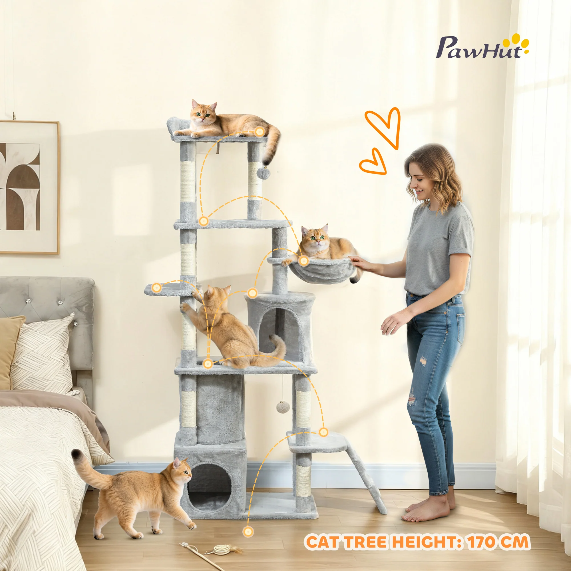 PawHut 170 Cm Cat Tree, Large Cat Tower With 7 Scratching Posts, Light Grey - Image 3