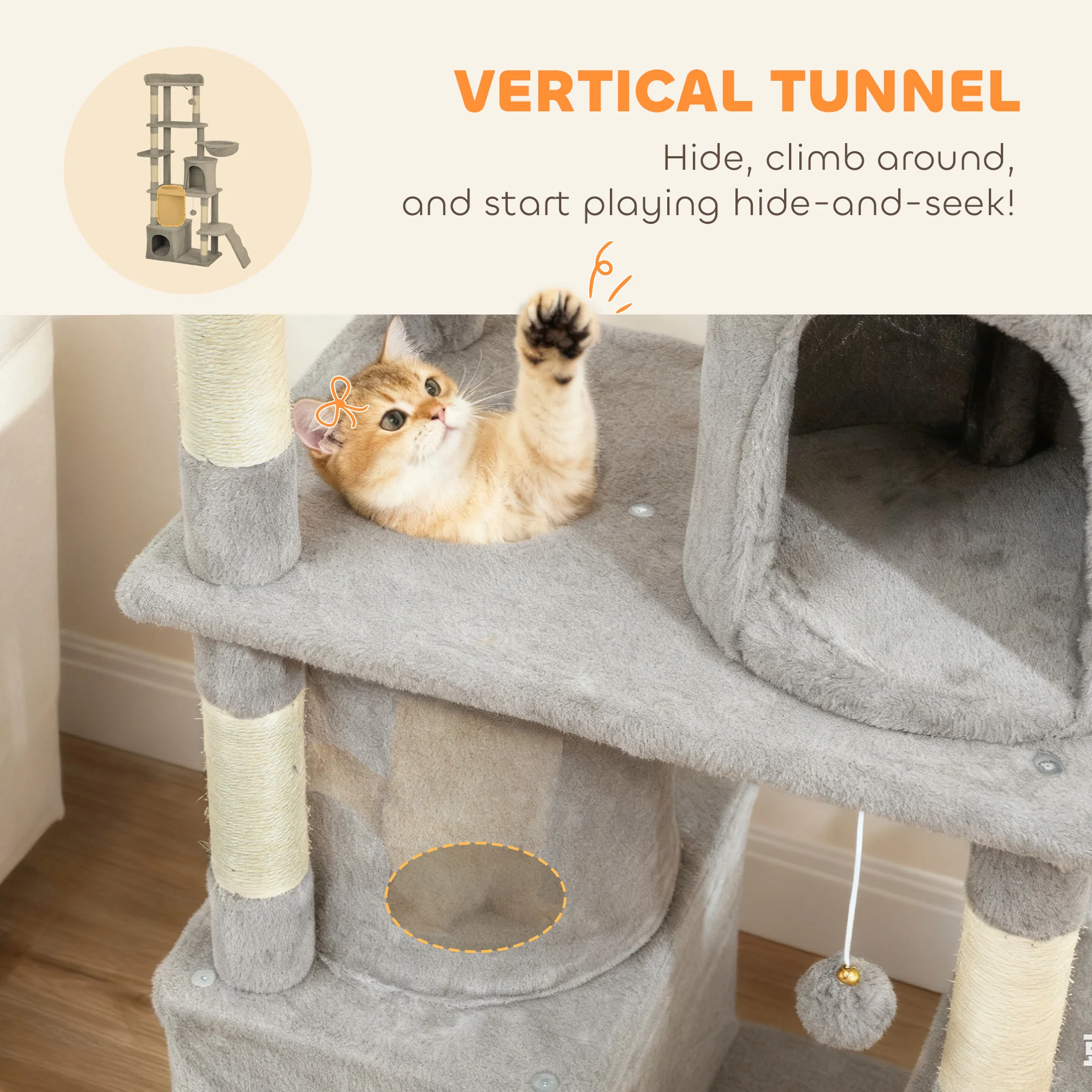 PawHut 170 Cm Cat Tree, Large Cat Tower With 7 Scratching Posts, Light Grey - Image 6