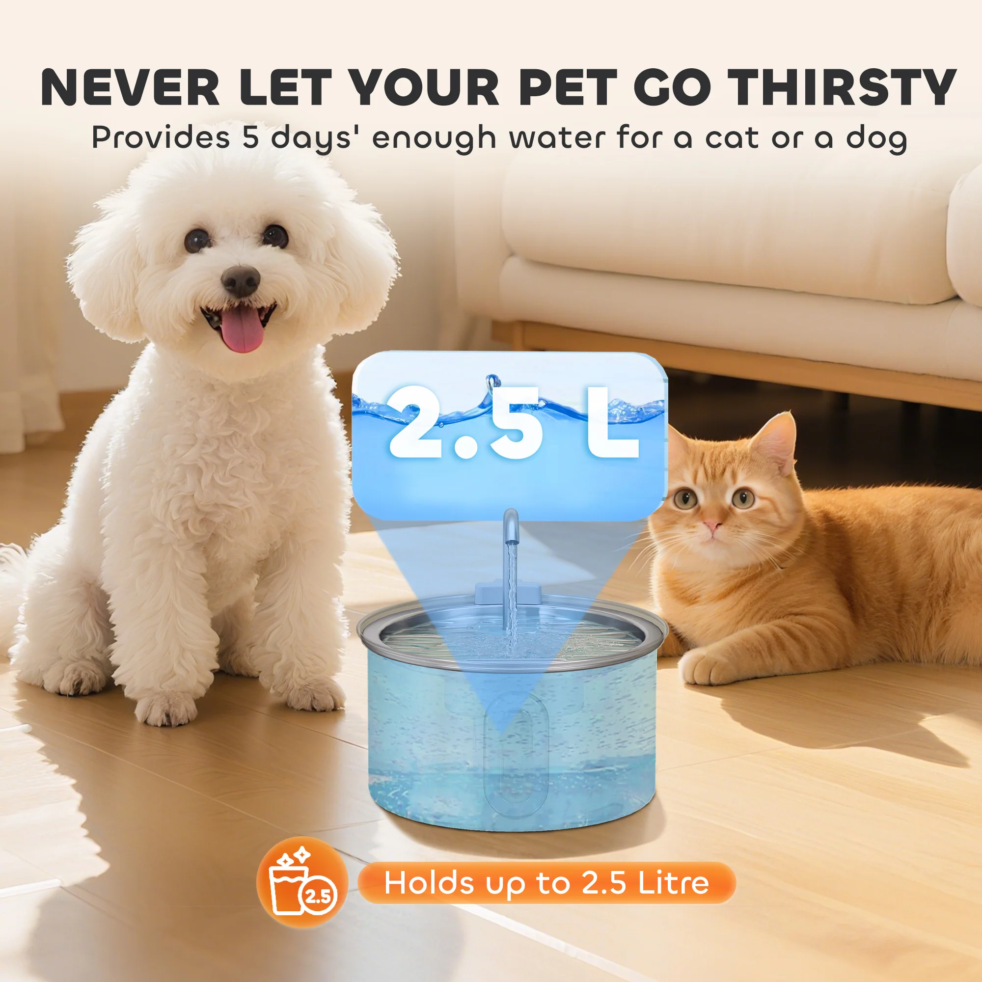 PawHut 2.5L Cat Water Fountain For Drinking Stainless Steel Ultra-Silent - Image 6