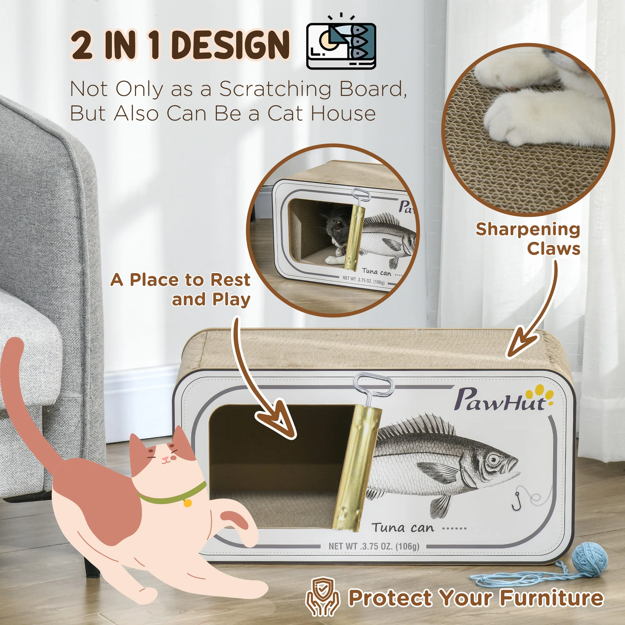PawHut 2 in 1 Cat Scratching Board, Cardboard Cat House with Catnip - Image 6