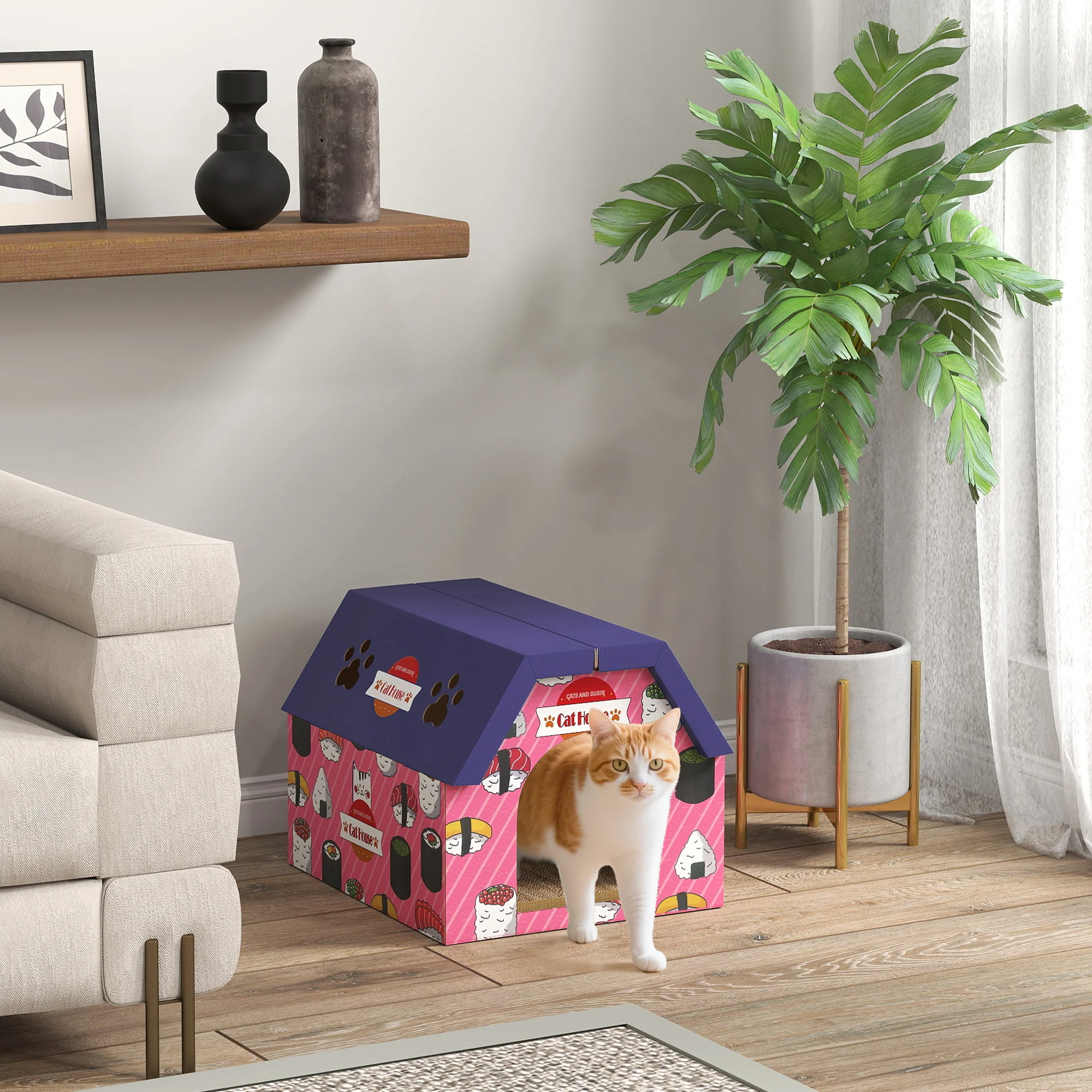 PawHut 2-in-1 Cat Scratching Board House With 4 Paw-Shaped Vents, Pink - Image 2