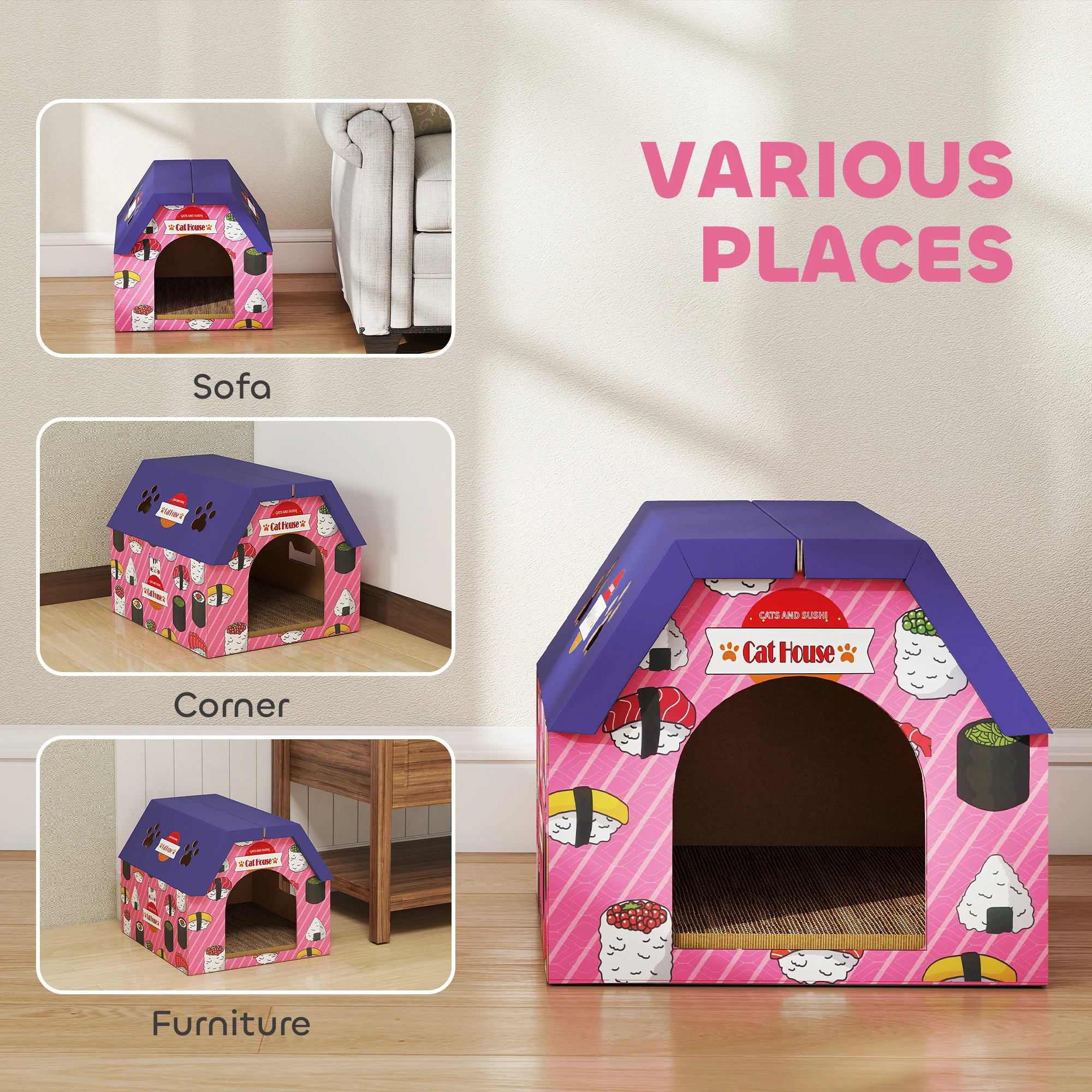 PawHut 2-in-1 Cat Scratching Board House With 4 Paw-Shaped Vents, Pink - Image 7