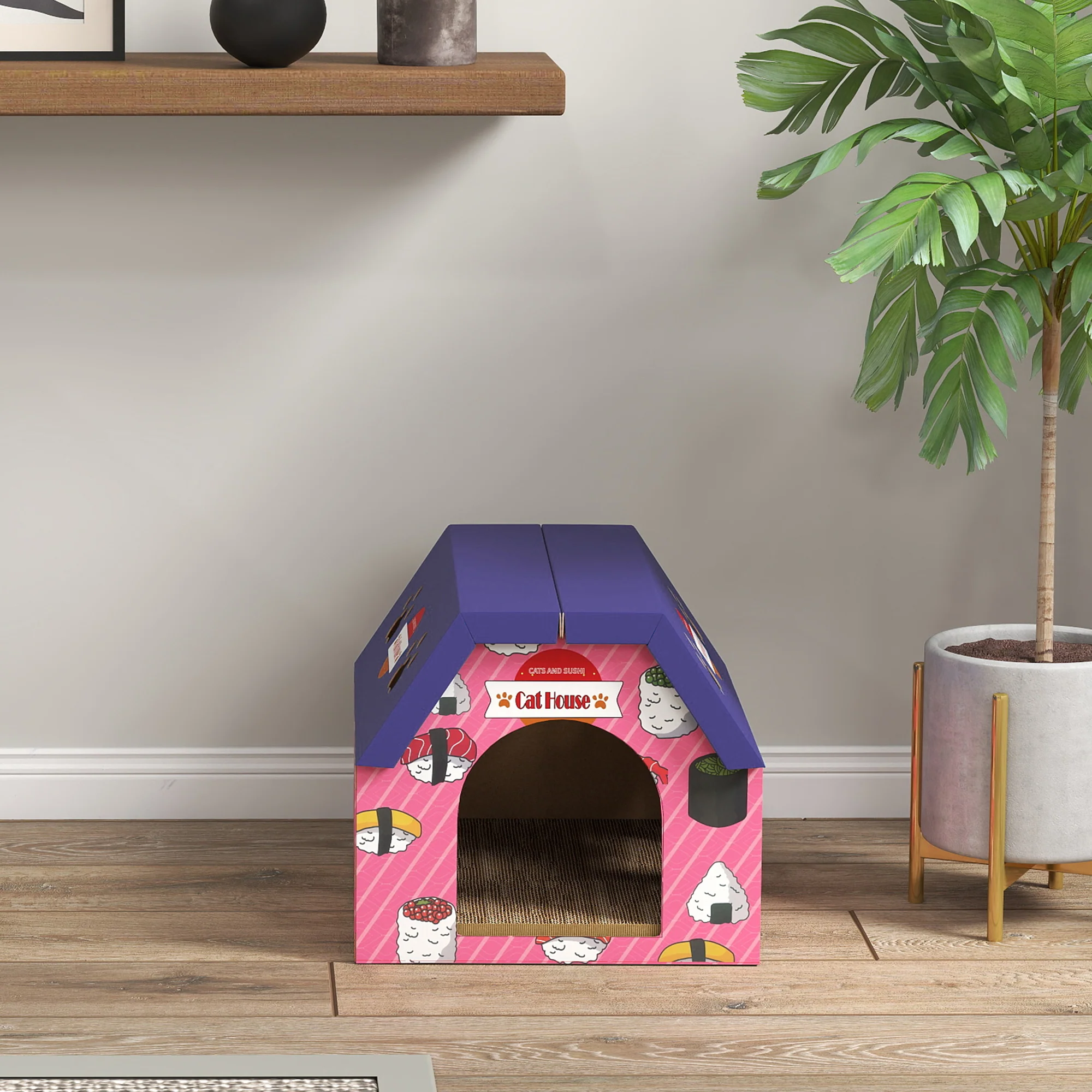 PawHut 2-in-1 Cat Scratching Board House With 4 Paw-Shaped Vents, Pink - Image 8