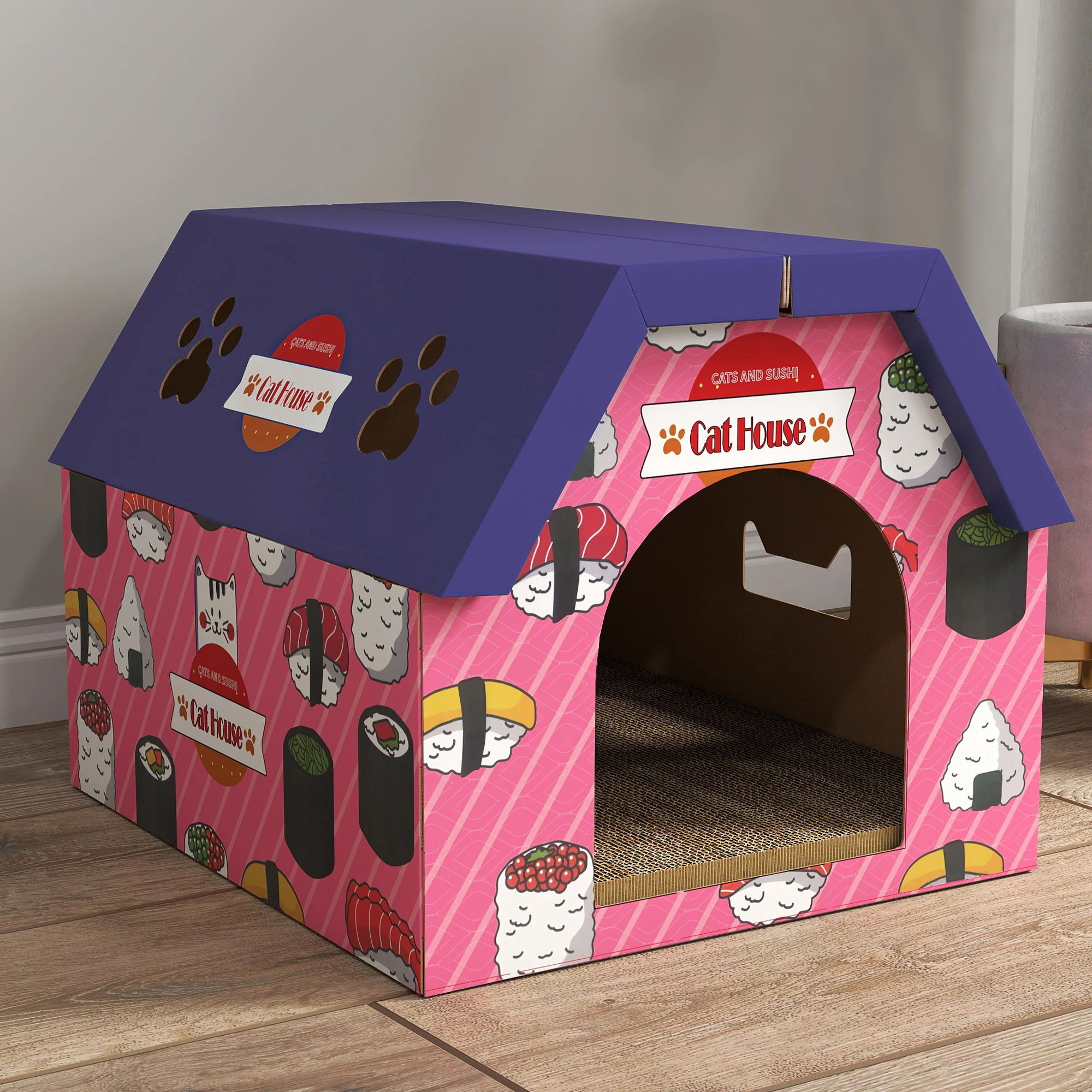 PawHut 2-in-1 Cat Scratching Board House With 4 Paw-Shaped Vents, Pink - Image 9