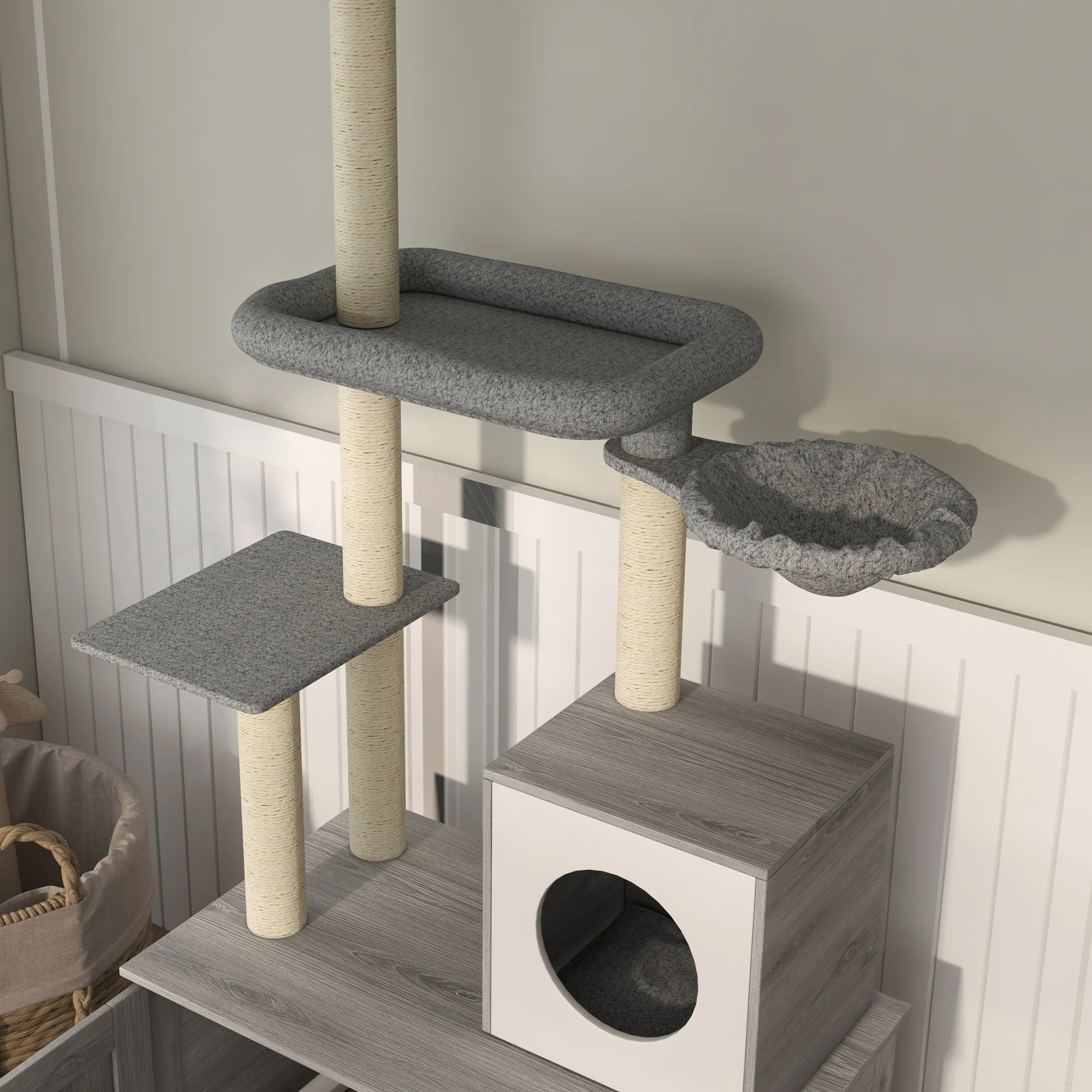 PawHut 2-in-1 Hidden Litter Box with Floor-To-Ceiling Cat Tree, Indoor - Grey - Image 8
