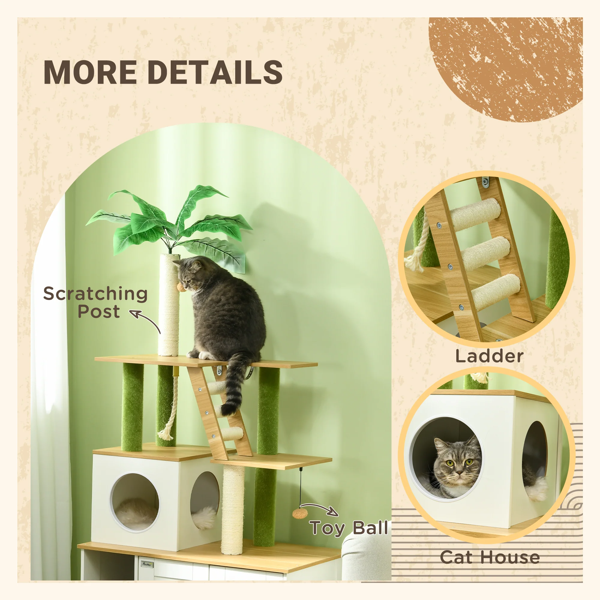 PawHut 2-in-1 Hidden Litter Box with Green Leaf Cat Tree, Indoor - Oak - Image 4