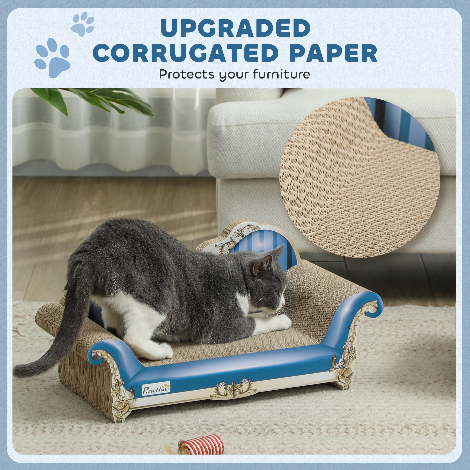 PawHut 2 In1 Cat Scratcher With Catnip, Cardboard Lounge Bed, Blue - Image 4
