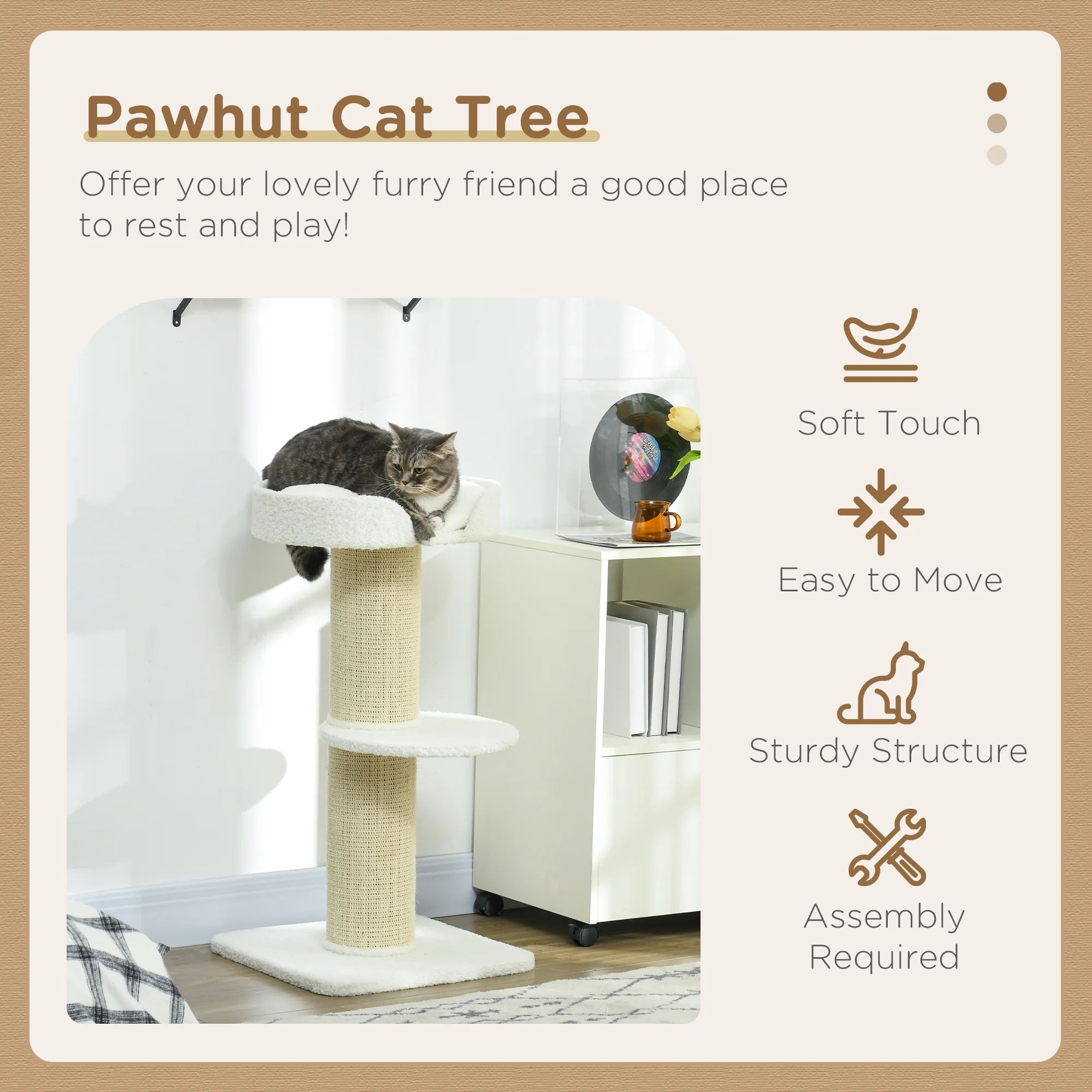 PawHut 2 Tier Cat Resting Tree w/ Top Basket Cushion Sisal Post Cream White - Image 3