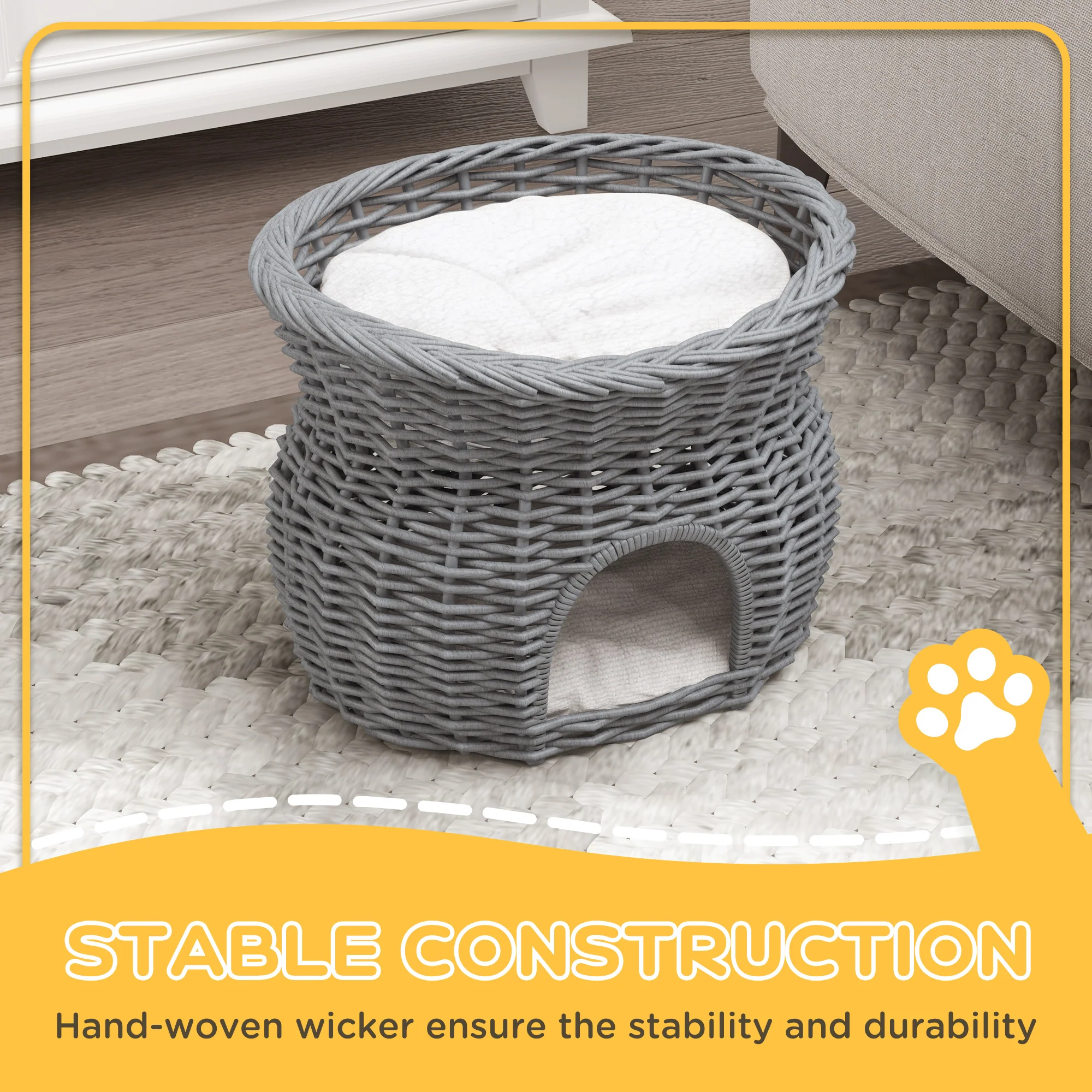 PawHut 2-Tier Elevated Pet Cushion Bed Basket Willow Cat Tree House Condo Kennel - Image 3