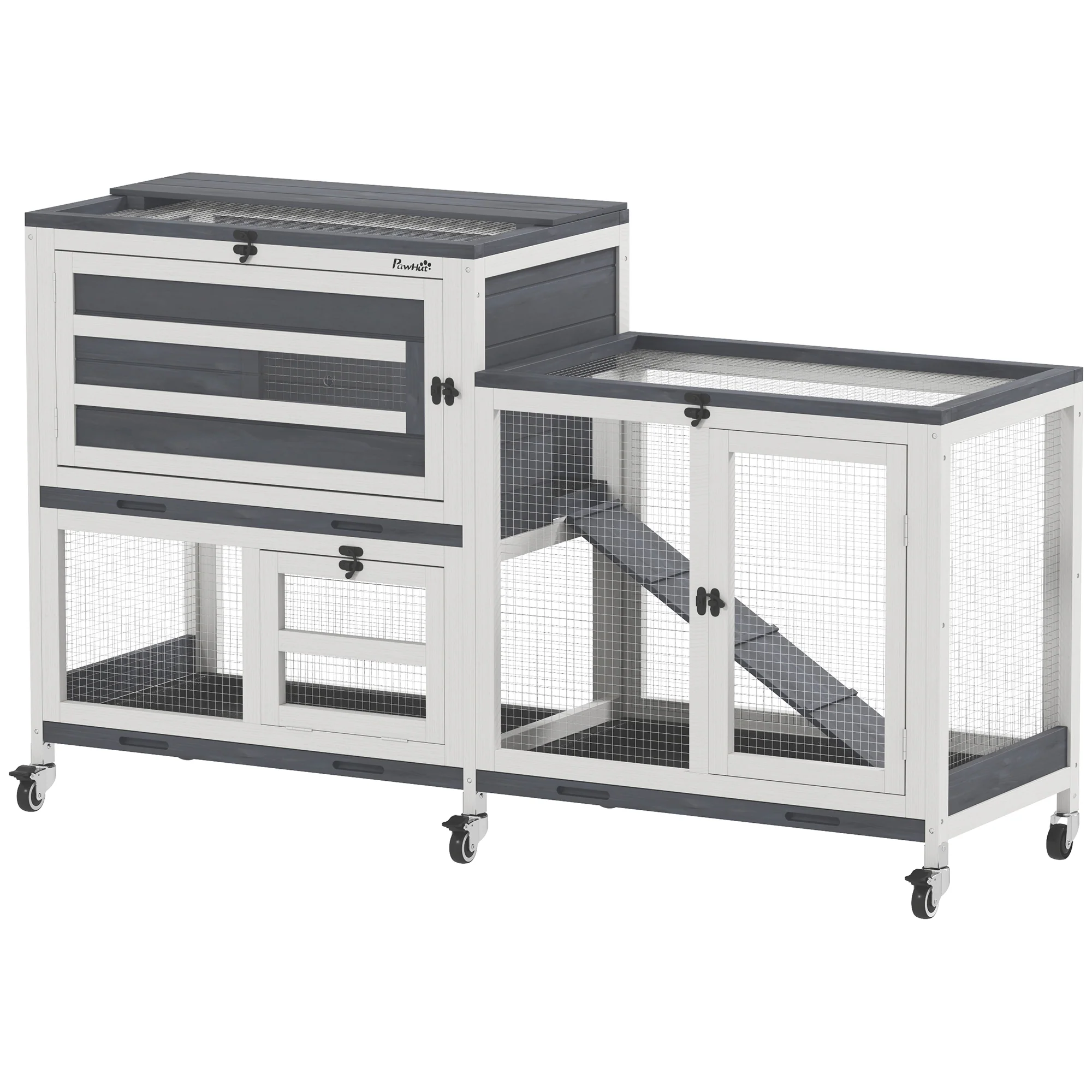 PawHut 2 Tier Rabbit Hutch with Run, Wheels, 2 Openable Top, 3 Plastic Trays