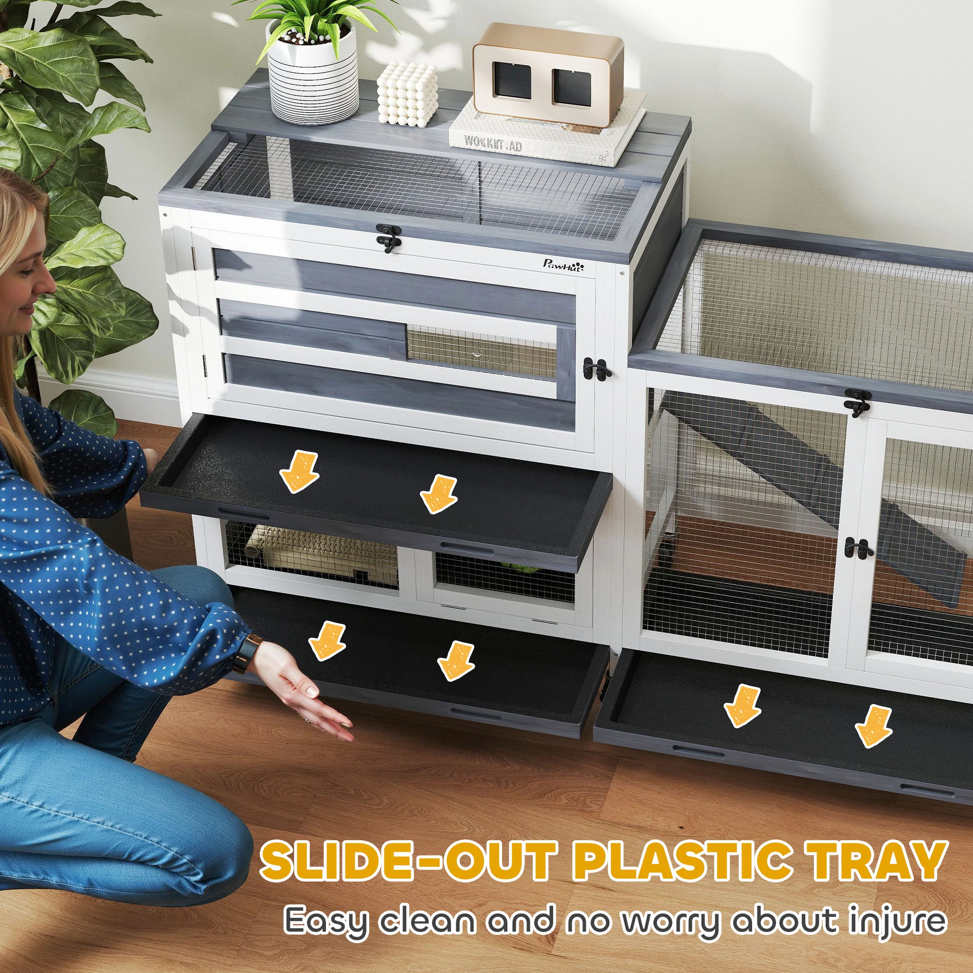 PawHut 2 Tier Rabbit Hutch with Run, Wheels, 2 Openable Top, 3 Plastic Trays - Image 4