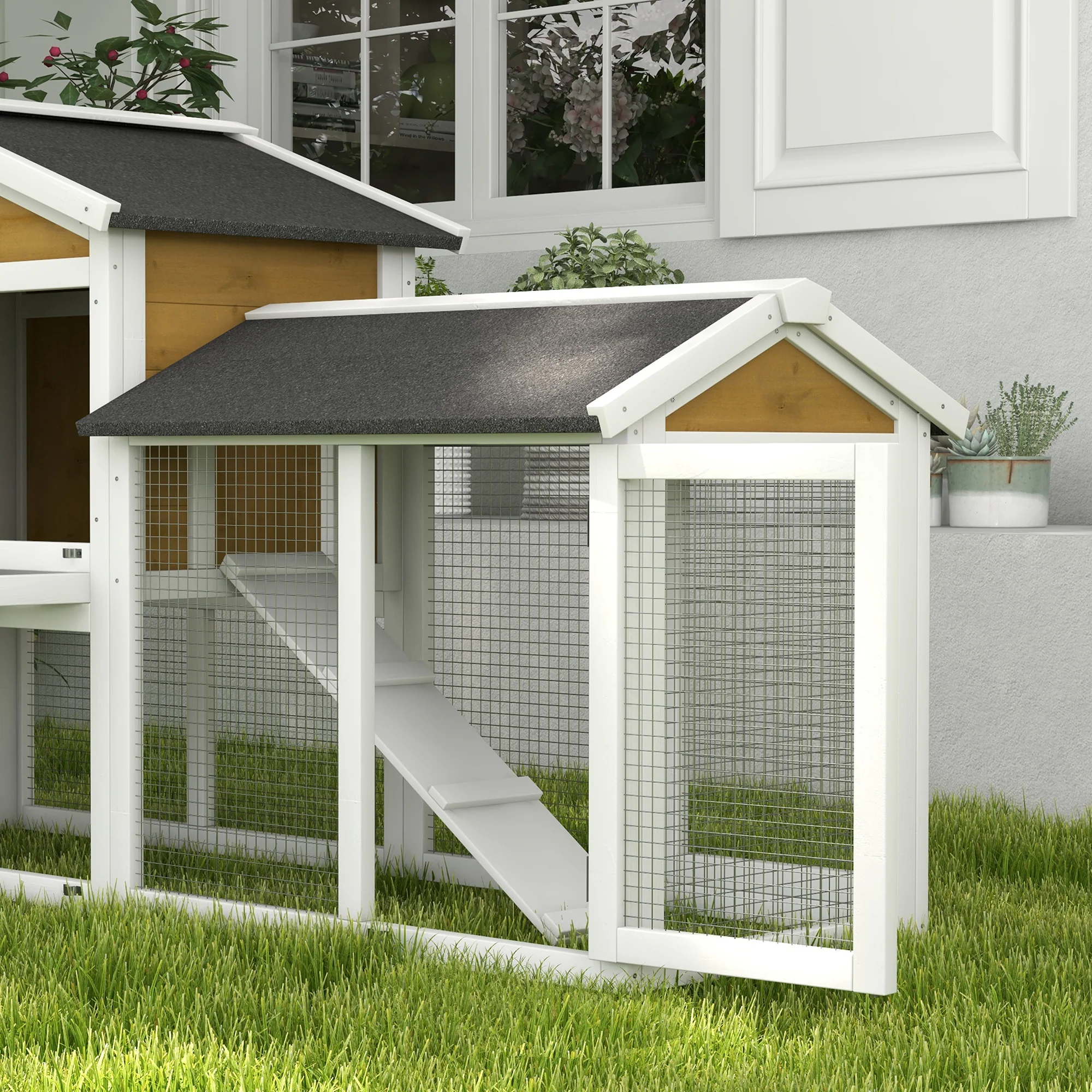 Pawhut 2-Tier Wooden Rabbit Bunny Guinea Pig Hutch Small Pet House Ramp - Image 9