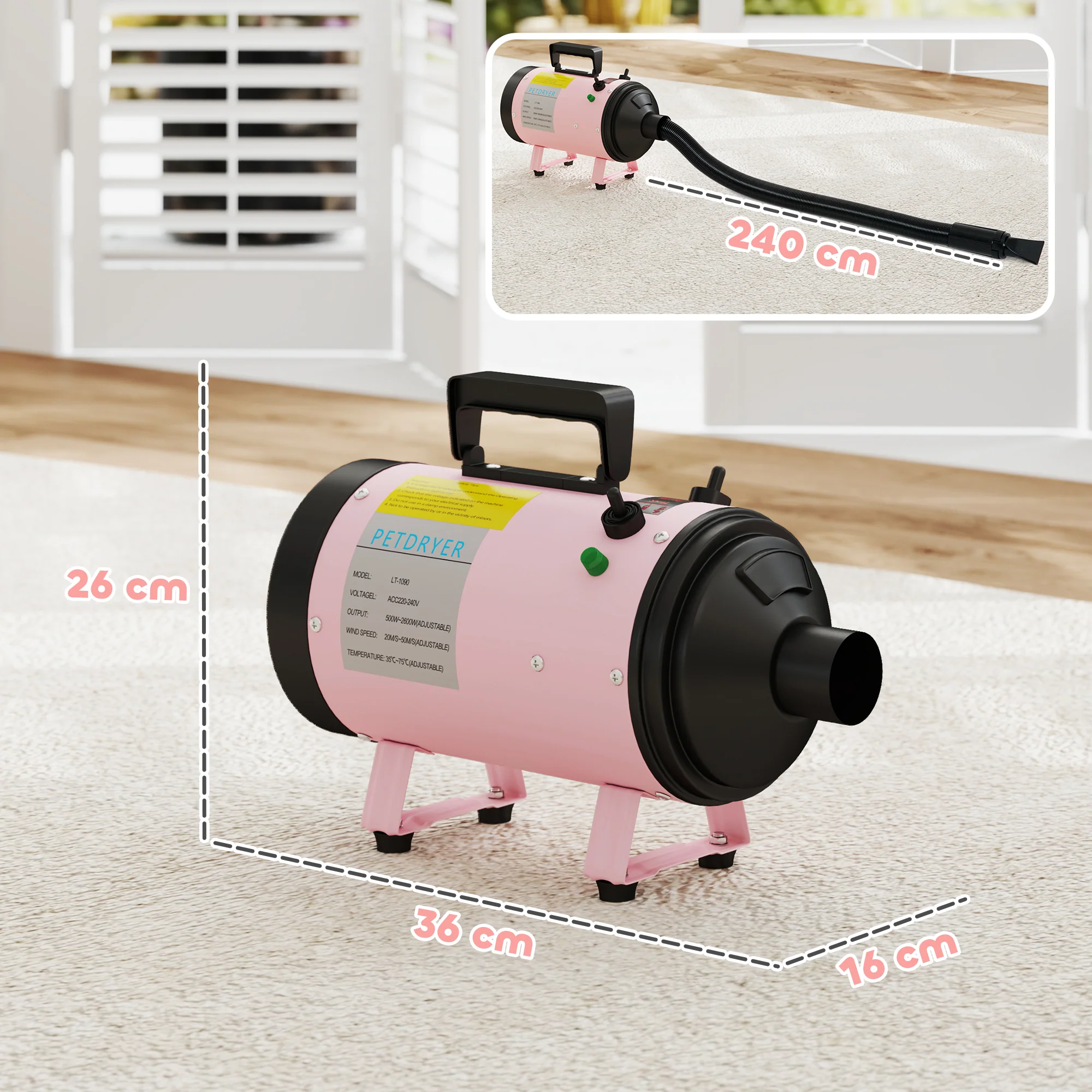 PawHut 2200W Dog Hair Dryer With Adjustable Temperature & Velocity - Image 14