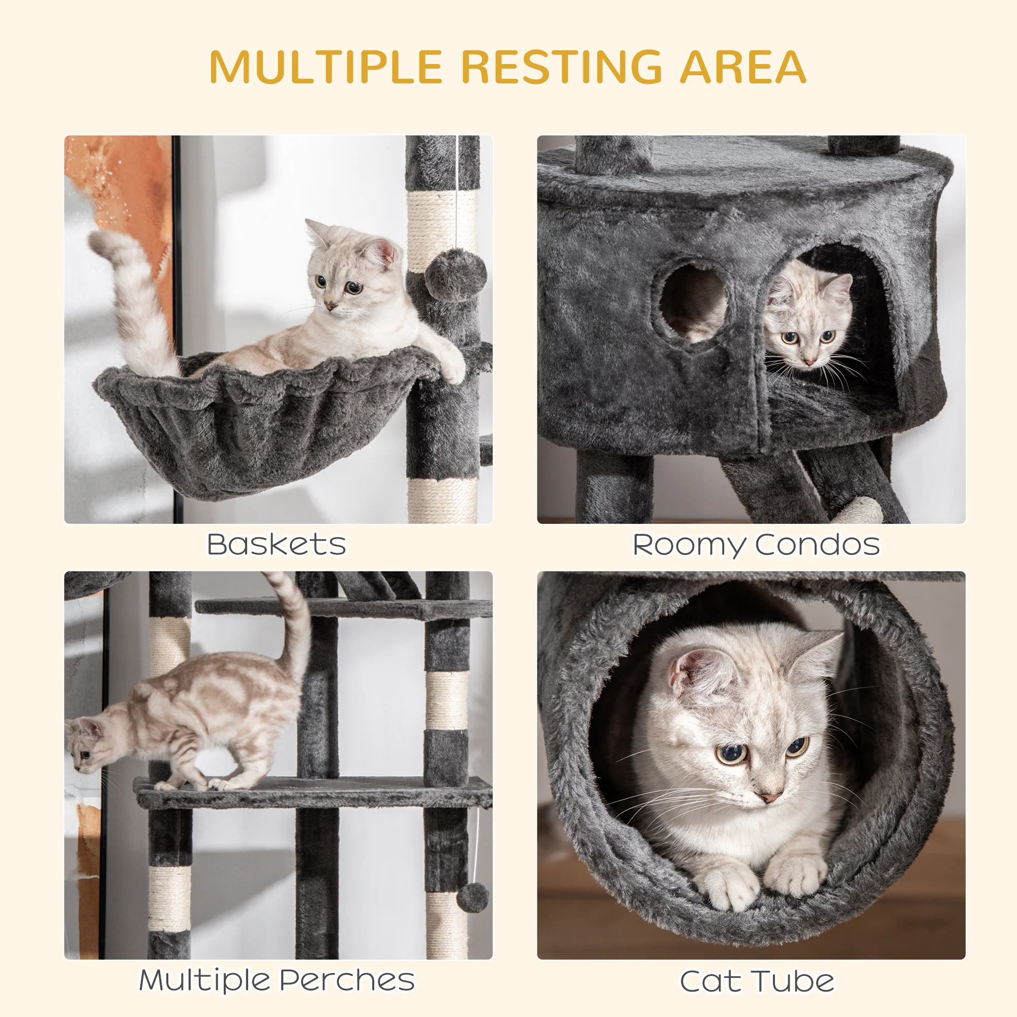 PawHut 240-260cm Floor To Ceiling Cat Tree With Scratching Posts - Dark Grey - Image 7