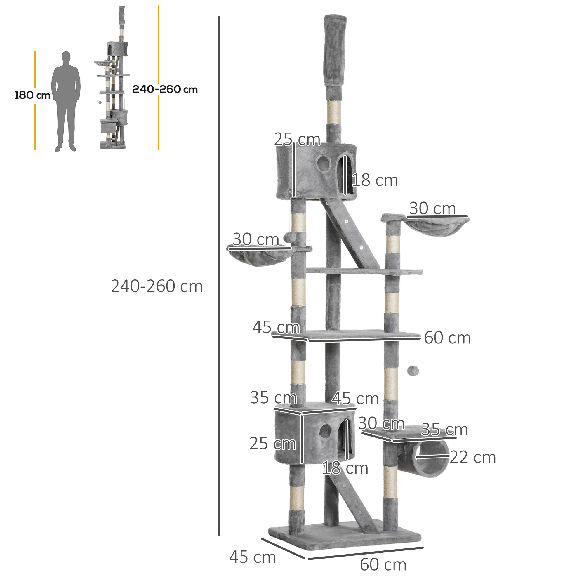 PawHut 240-260cm Floor To Ceiling Cat Tree With Scratching Posts - Light Grey - Image 5