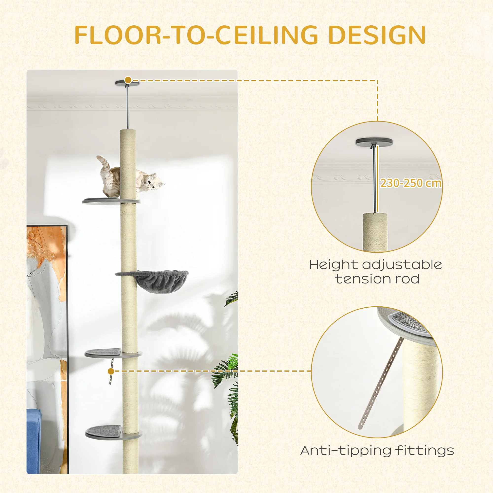 PawHut 250cm Floor To Ceiling Cat Tree With Hammock, Scratching Post - Image 3